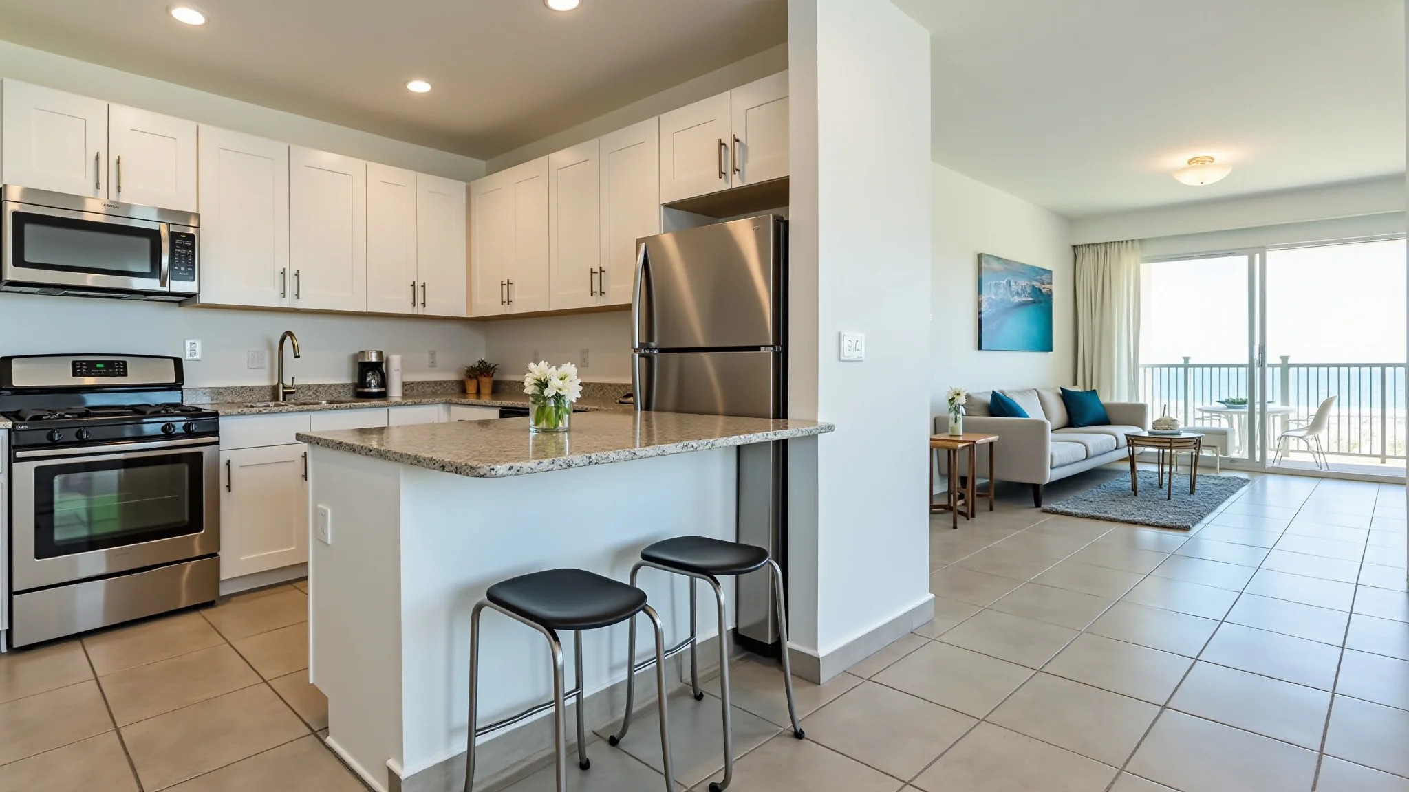 Cozinha moderna e iluminada em apartamento de praia com piso de porcelanato fácil de limpar.