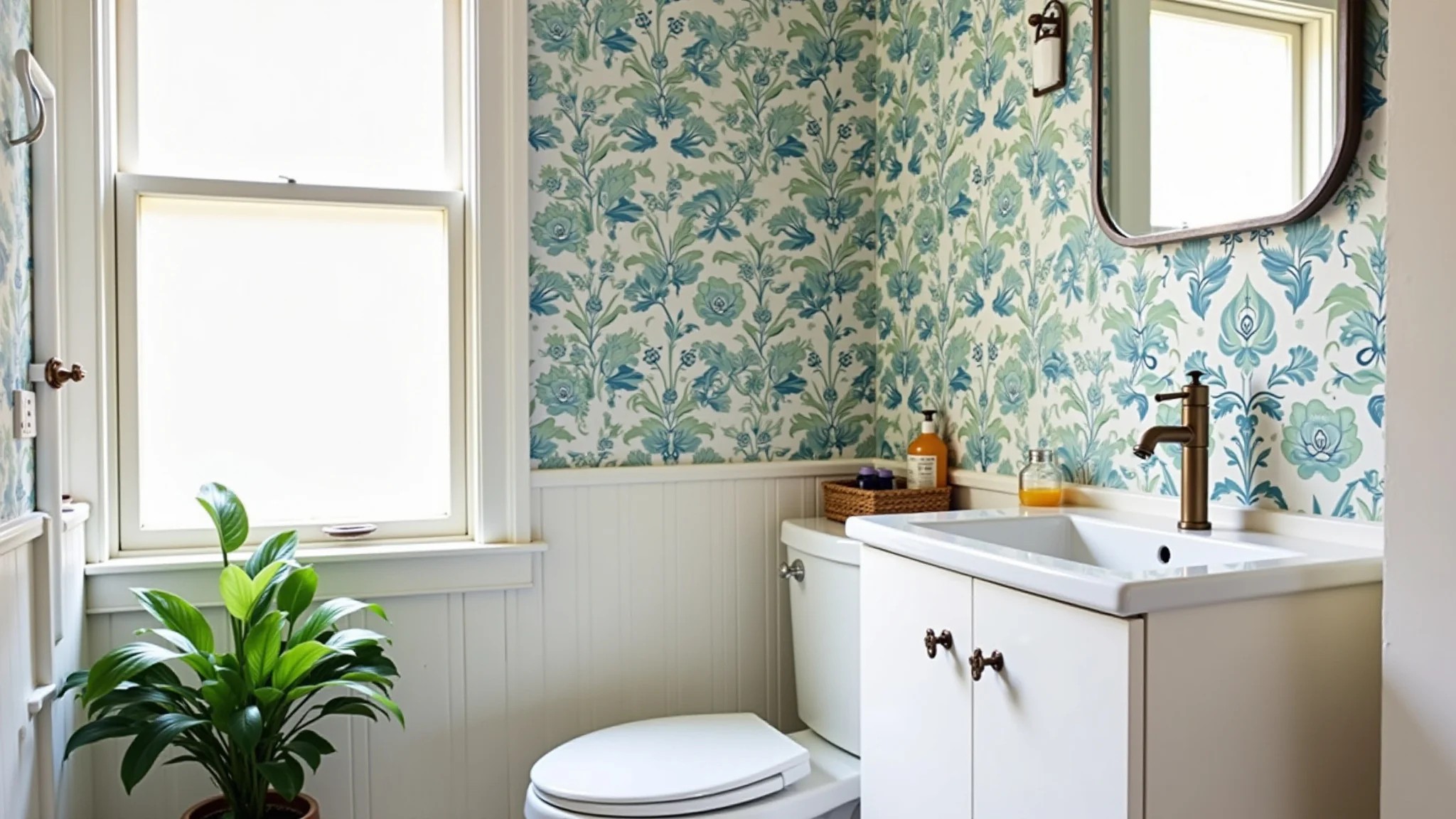 Banheiro renovado com adesivos de azulejo com estampa tropical.