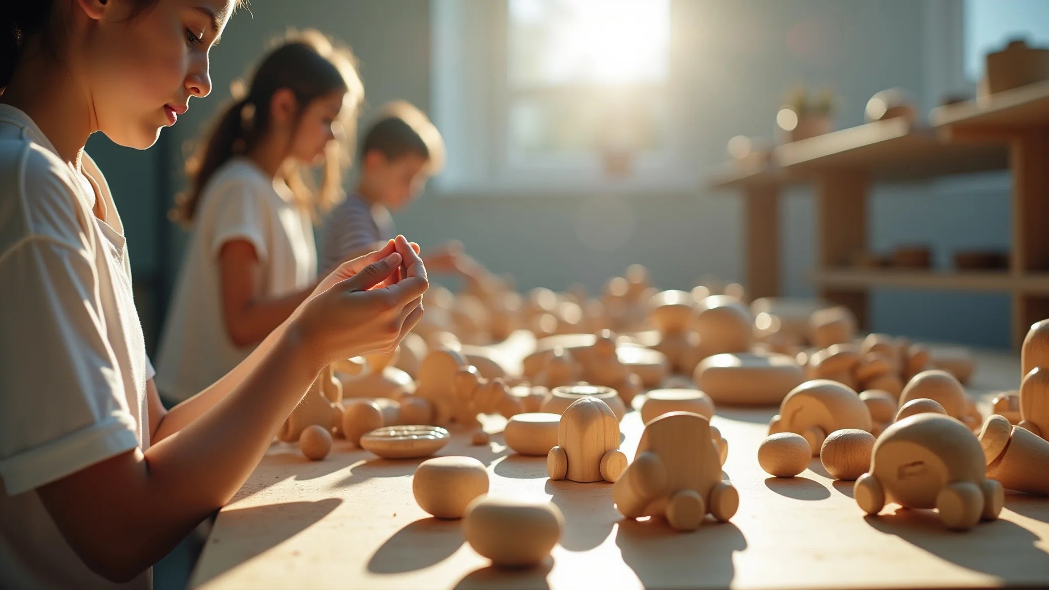 Oficina iluminada com diversos brinquedos de madeira para bebês sendo feitos artesanalmente.