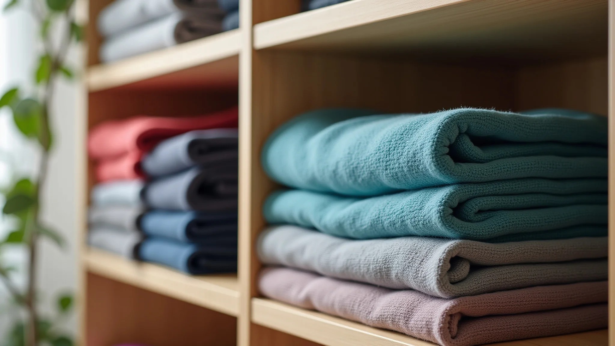 Prateleira de armário com roupas de academia dobradas e organizadas por cor.