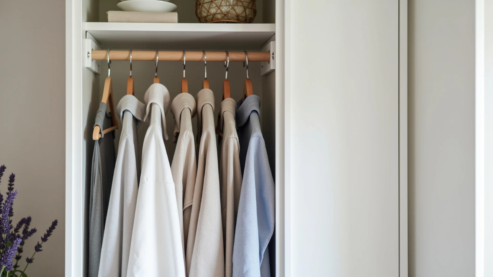 Guarda-roupa com roupas de linho penduradas, sachês de lavanda e boa organização.