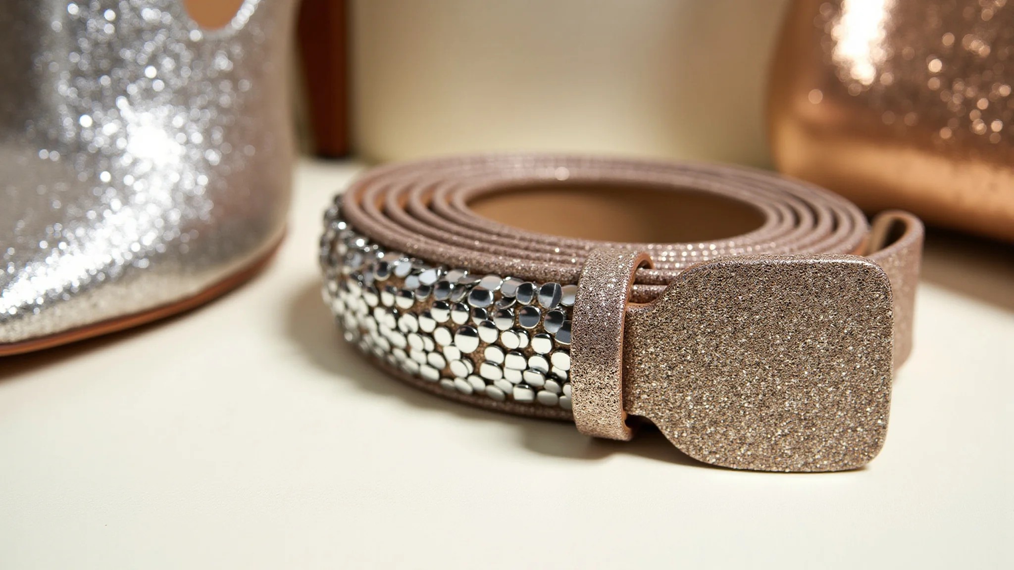 Close-up de acessórios metalizados: cinto de paetês, sapato com glitter e bolsa metalizada.