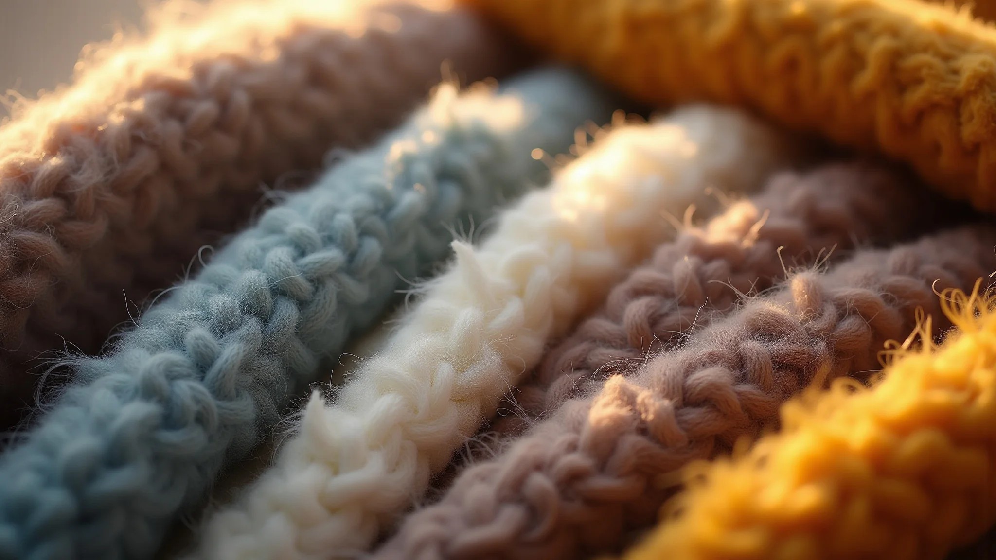 Close-up de tecidos de inverno: lã, cashmere, algodão.