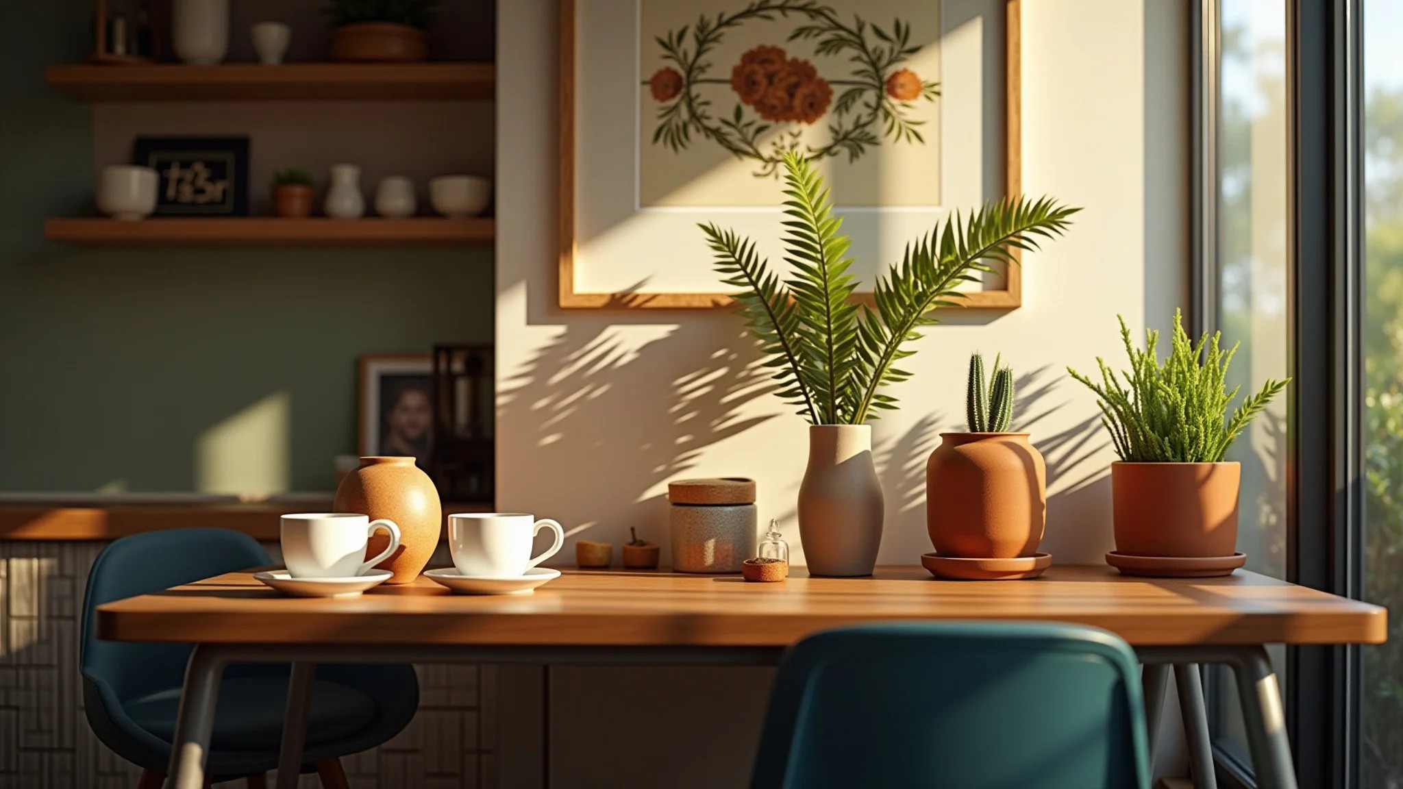 Cantinho do café com objetos decorativos e toques pessoais.
