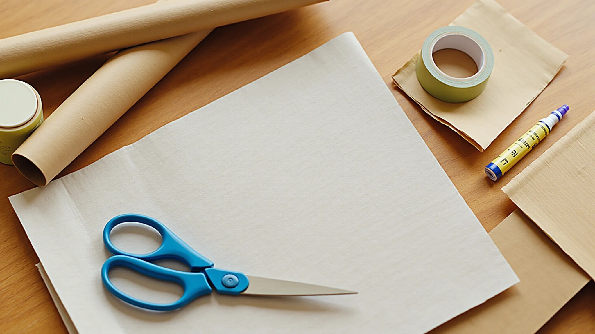 Materiais de embalagem coloridos: papel kraft, plástico bolha, fita adesiva e tesoura.