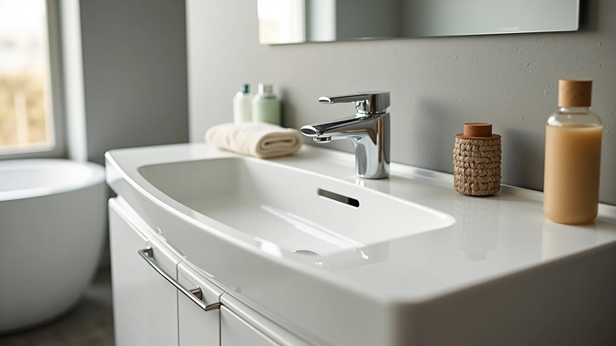 Pia compacta em lavabo pequeno, otimizando o espaço. Design brasileiro.