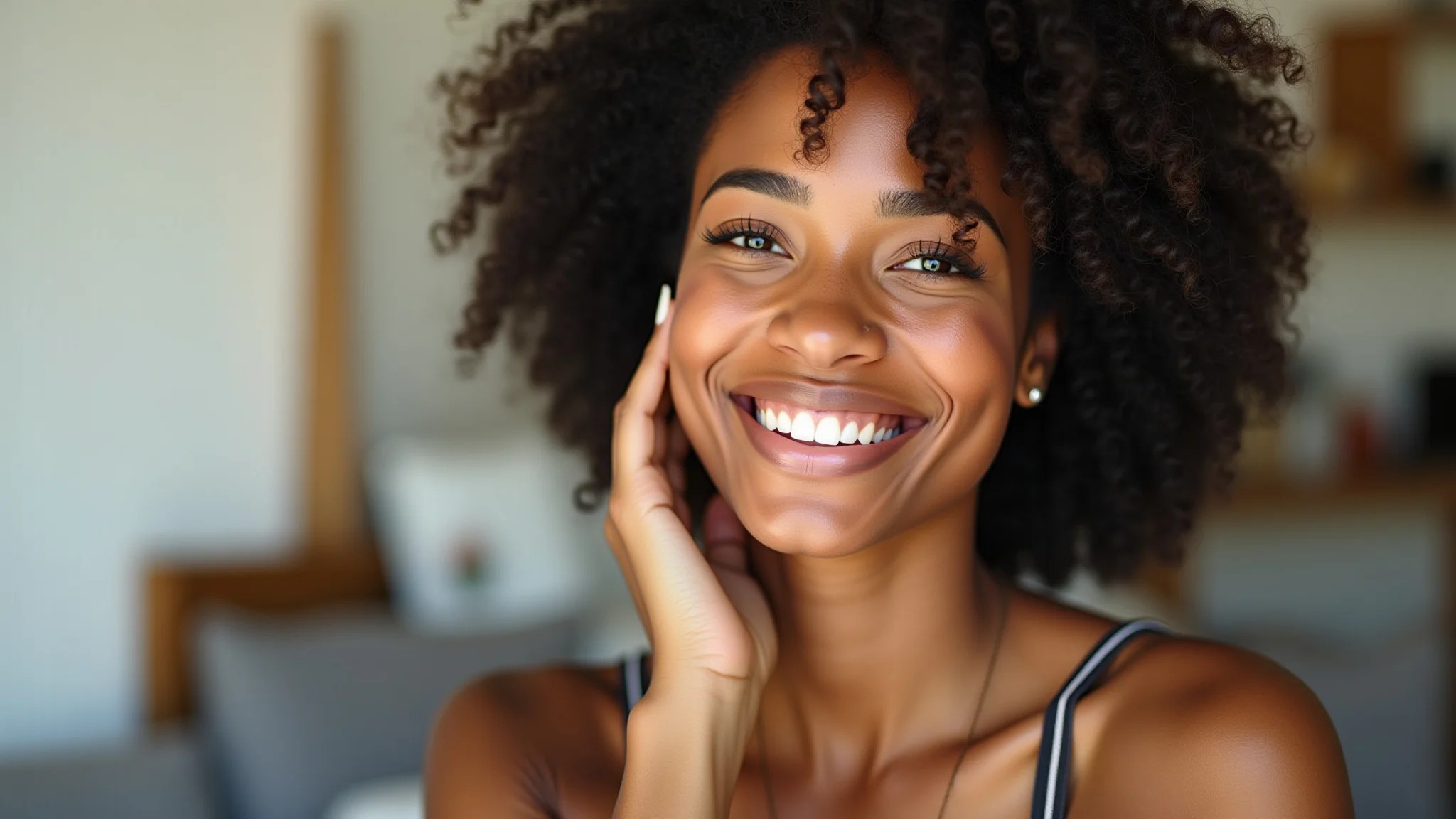 Mulher negra brasileira com pele impecável usando base importada.