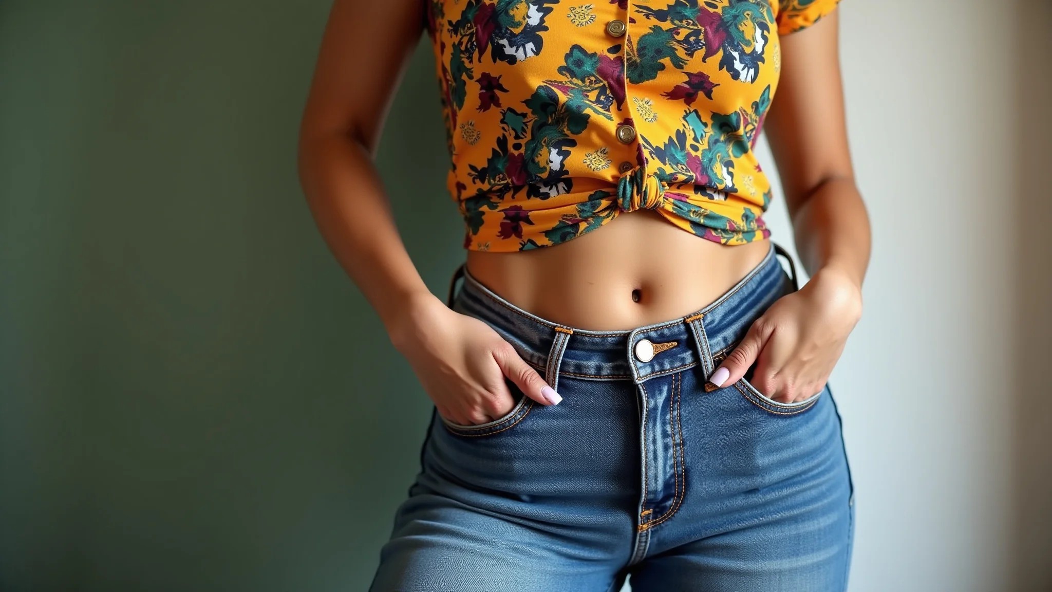 Mulher brasileira confiante com quadris largos, usando jeans flare de cintura alta e blusa colorida.