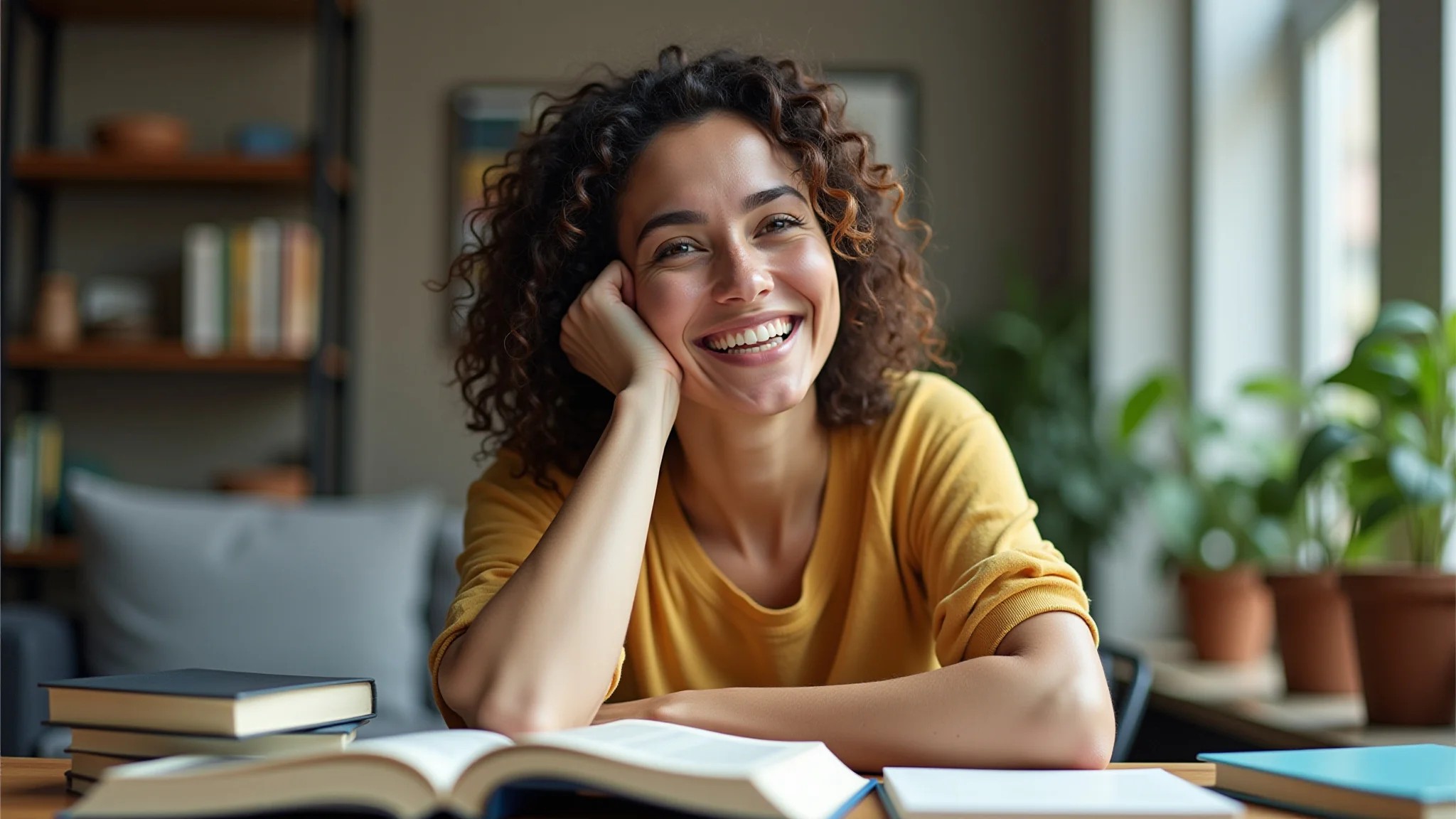 Mulher brasileira sorrindo em ambiente aconchegante, simbolizando desenvolvimento pessoal.
