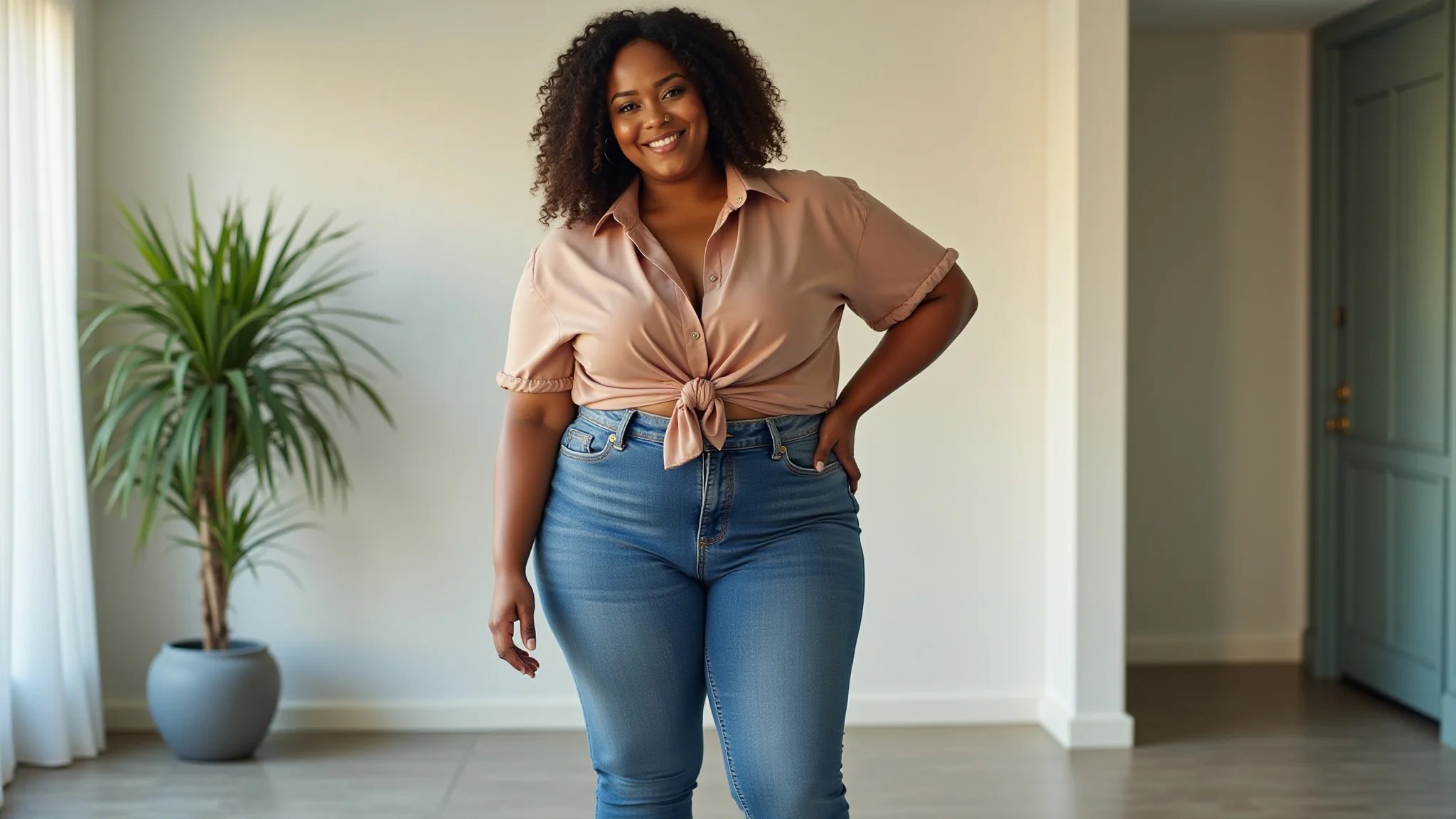 Mulher plus-size confiante vestindo jeans flare e blusa, mostrando como valorizar pernas grossas.