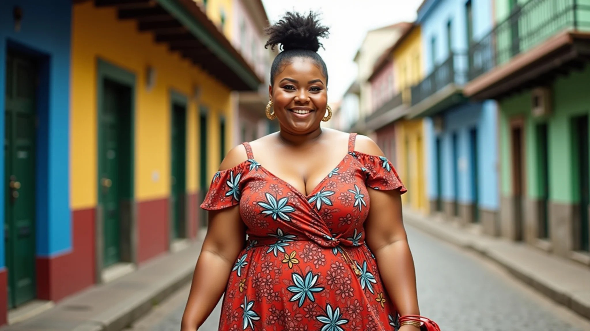 Mulher plus size confiante com vestido elegante da Flaminga em rua vibrante no Brasil.
