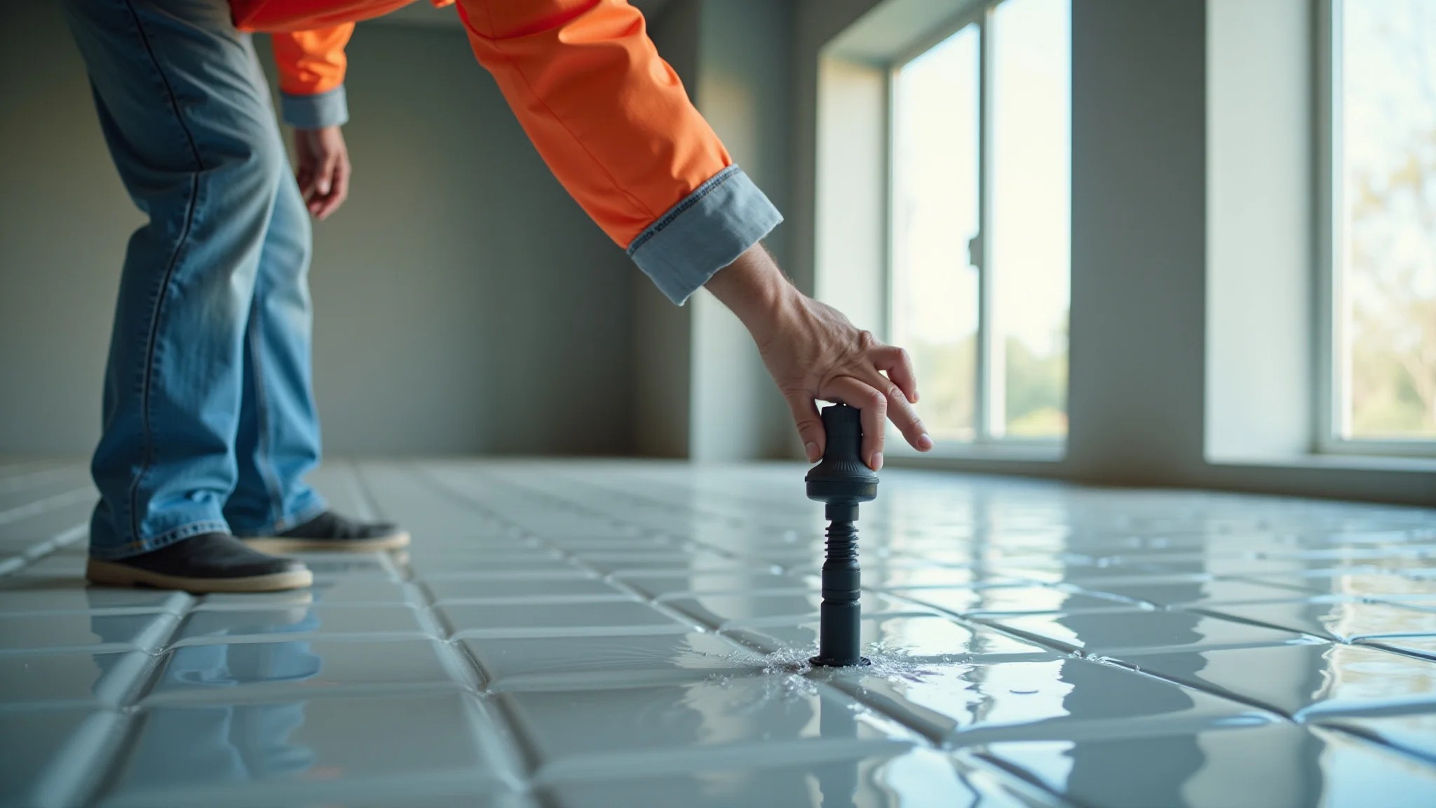 Canteiro de obras com piso de plástico, resistente à água e fácil de instalar.