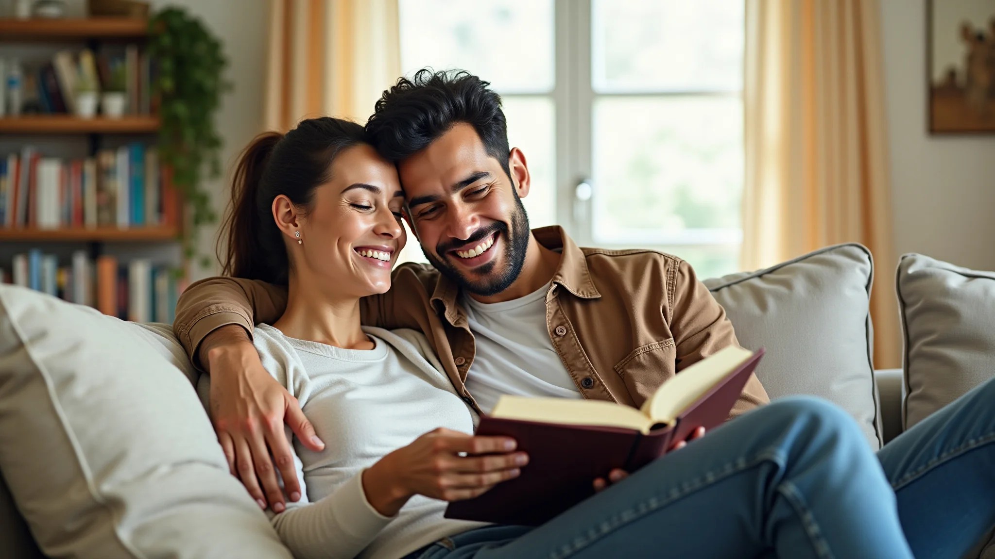 Casal se abraçando no sofá, lendo livros juntos em uma sala aconchegante.