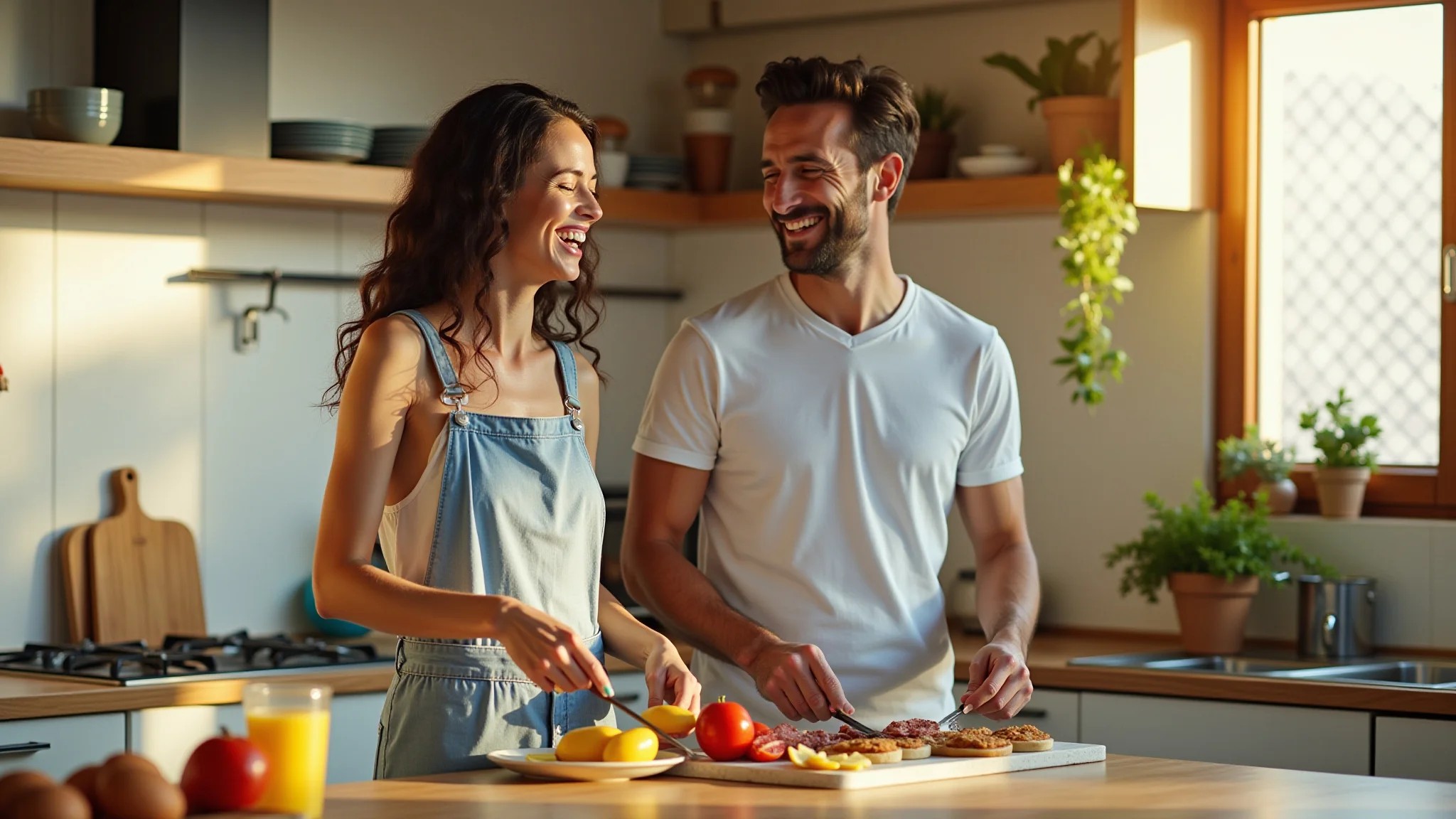 Casal sorrindo junto na cozinha ensolarada, preparando o café da manhã.