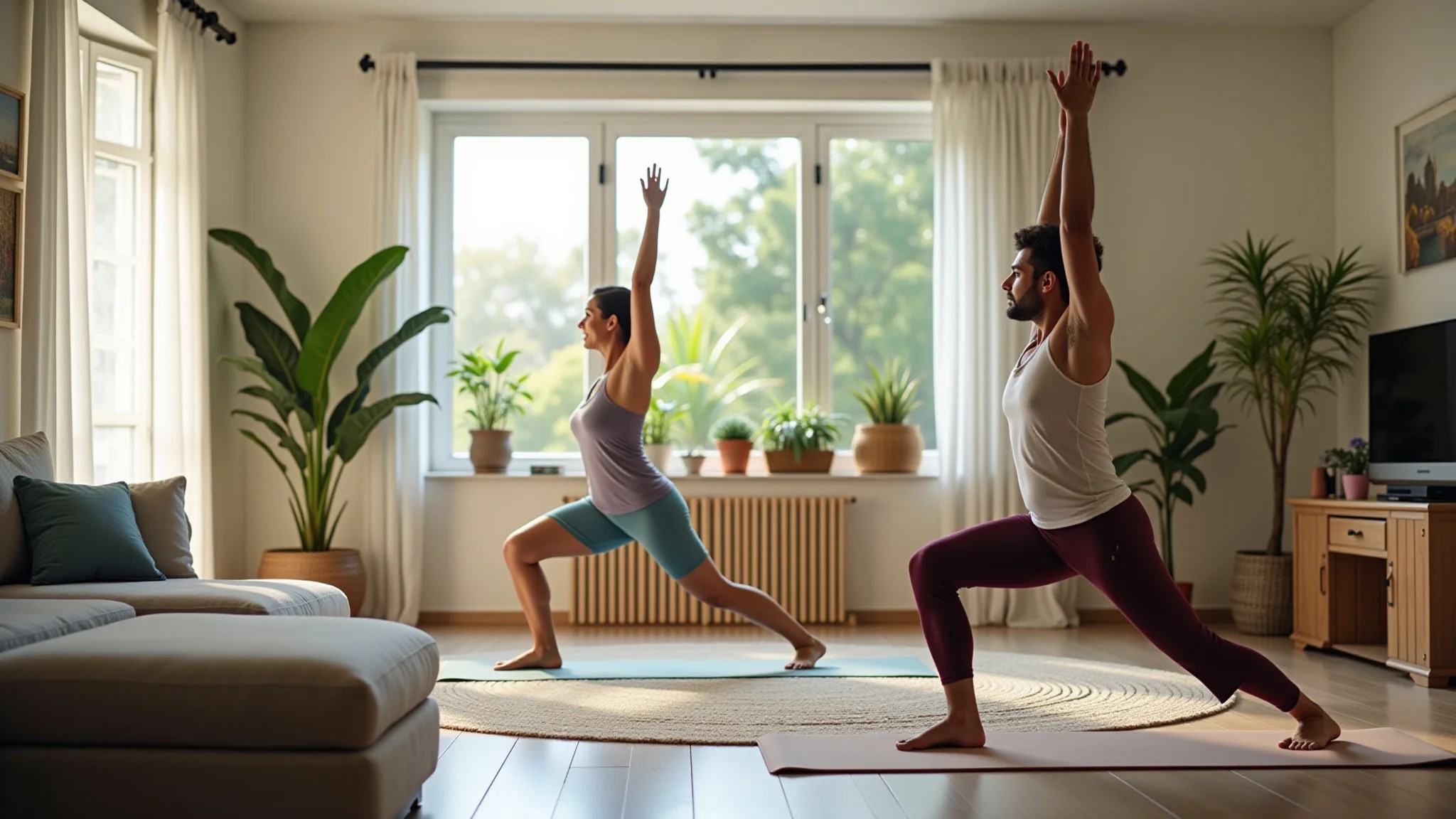 Casal praticando yoga junto em uma sala ensolarada, estilo brasileiro.