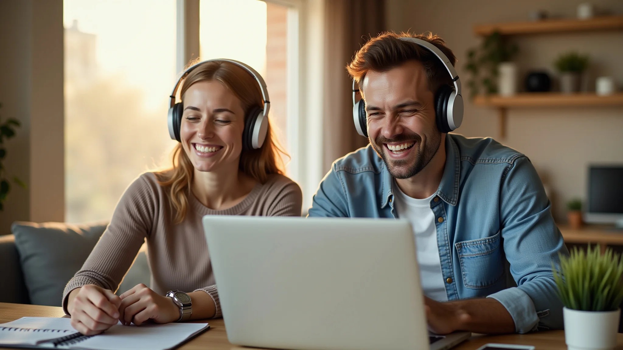 Casal trabalhando harmoniosamente no home office, usando fones de ouvido com cancelamento de ruído.