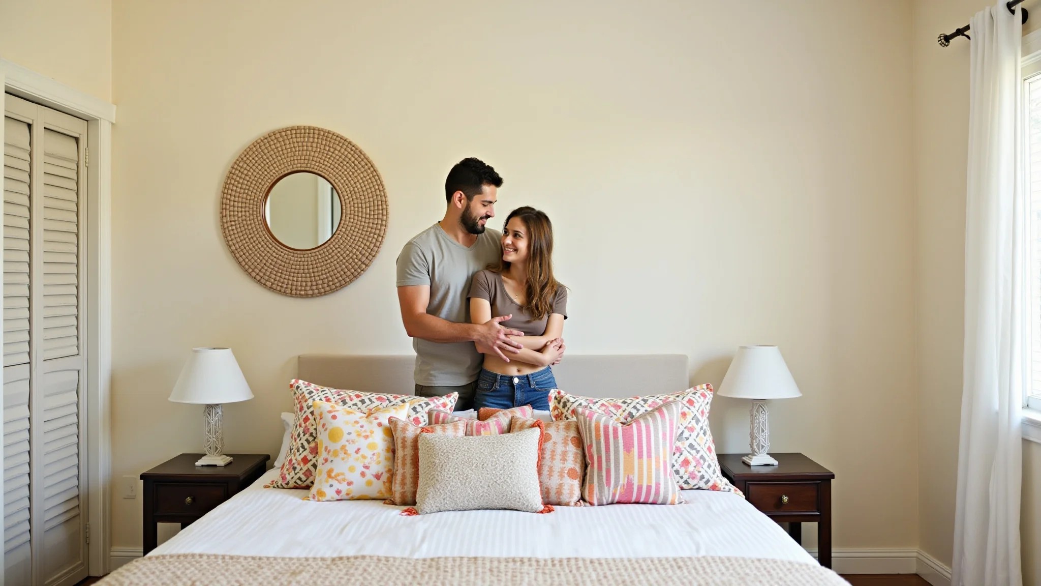Quarto de casal com paredes claras, almofadas coloridas e espelho decorativo, ampliando o espaço.