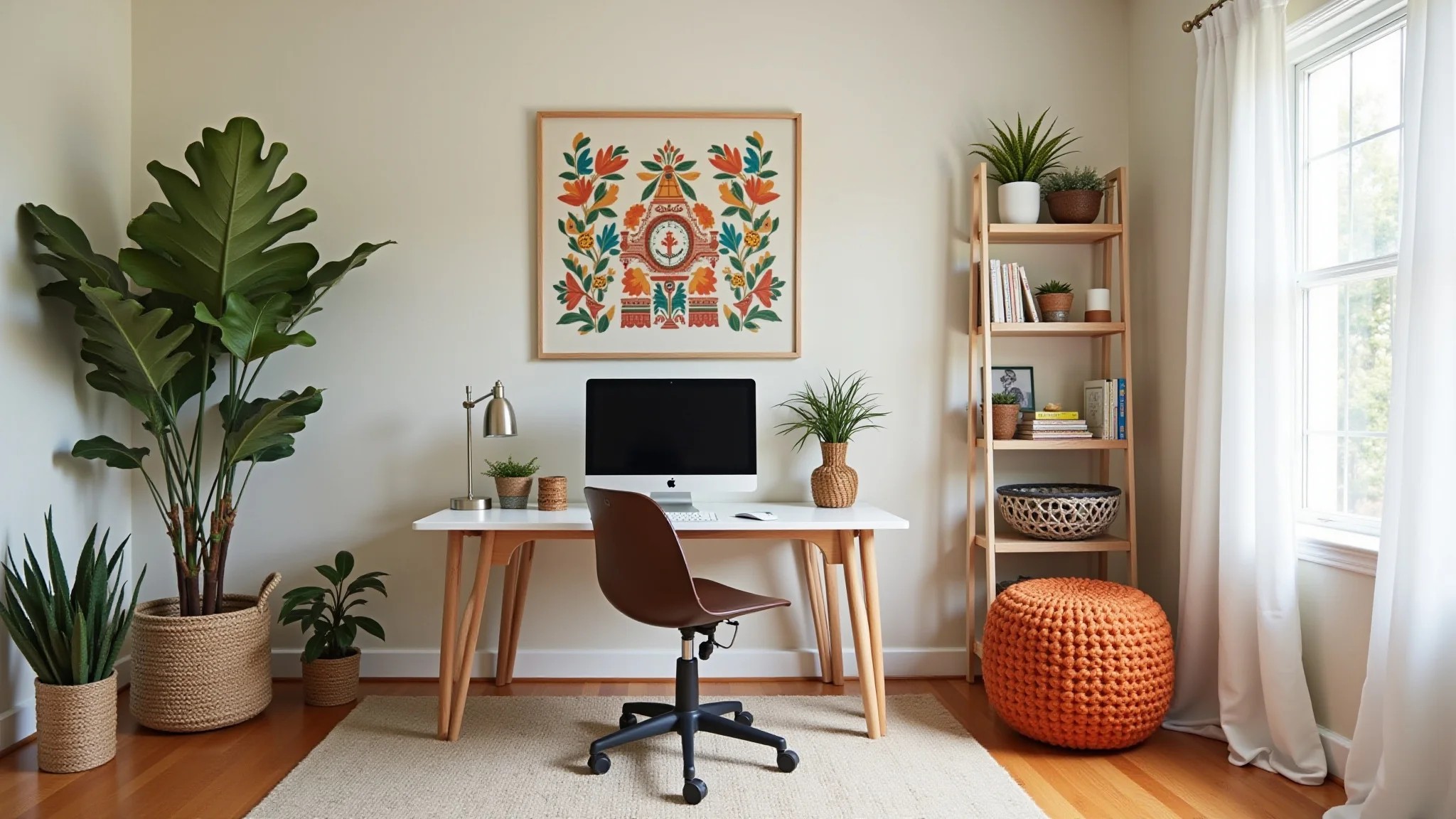 Home office de casal com paleta de cores harmoniosa, tons neutros com detalhes vibrantes e arte brasileira.