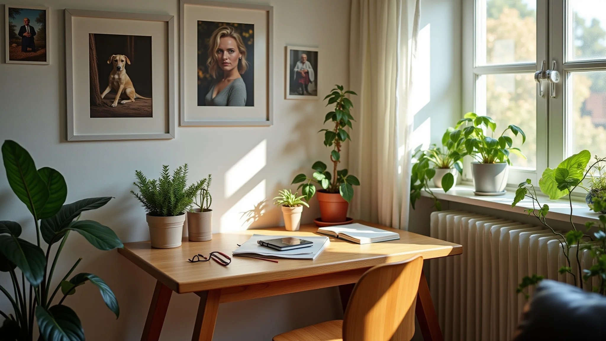 Home office pequeno, aconchegante e inspirador com decoração personalizada e plantas.