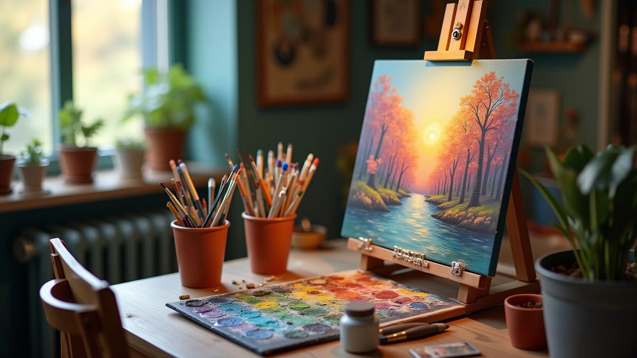 Estúdio de arte aconchegante com materiais de pintura e uma tela colorida.