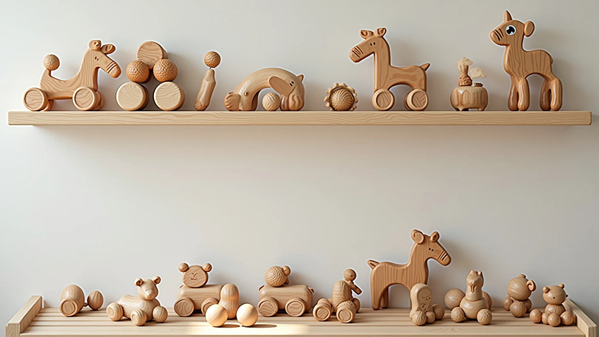 Quarto de bebê aconchegante com prateleiras de madeira exibindo brinquedos artesanais.