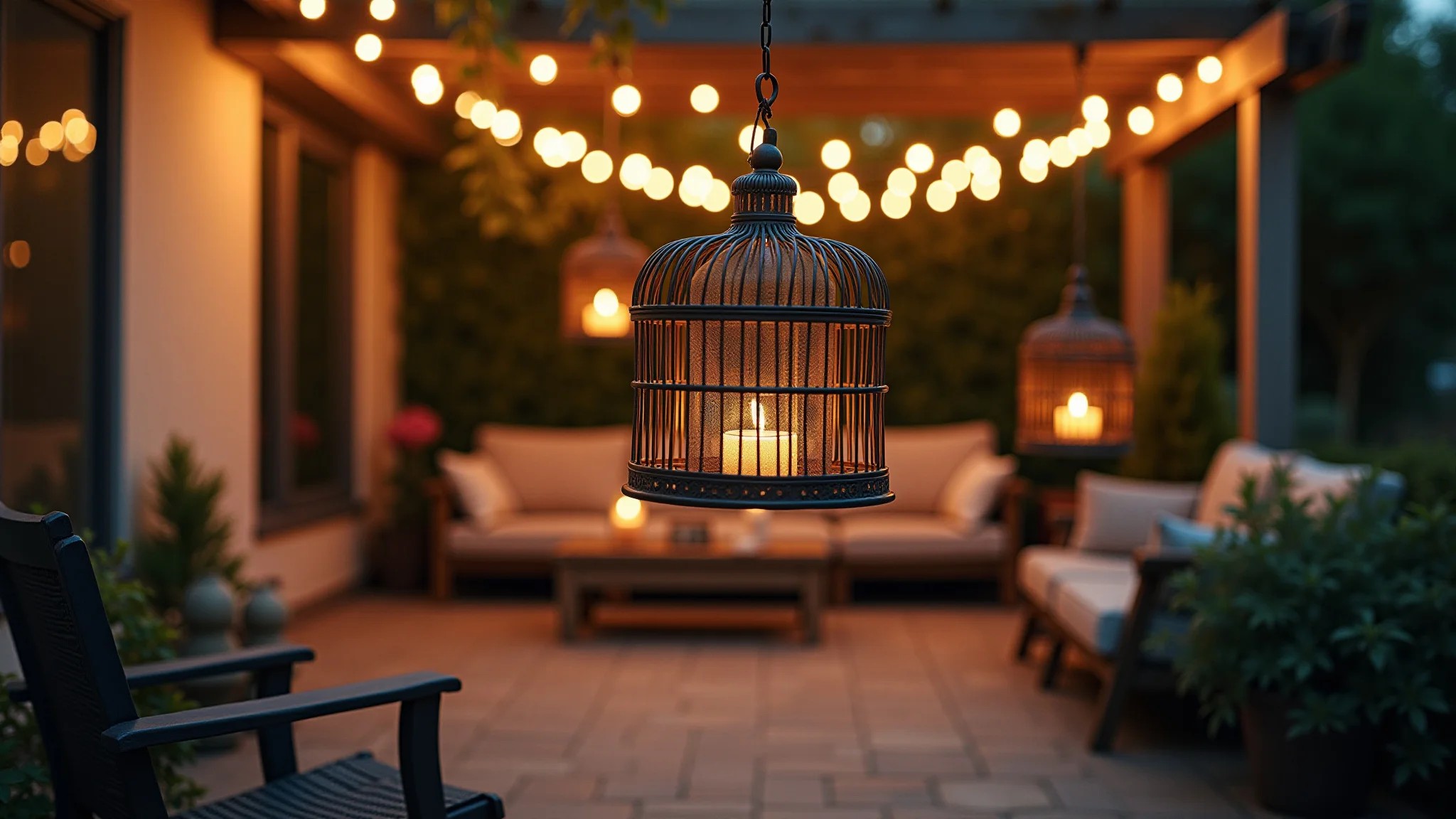 Varanda aconchegante com gaiolas penduradas como lanternas com luzes LED.