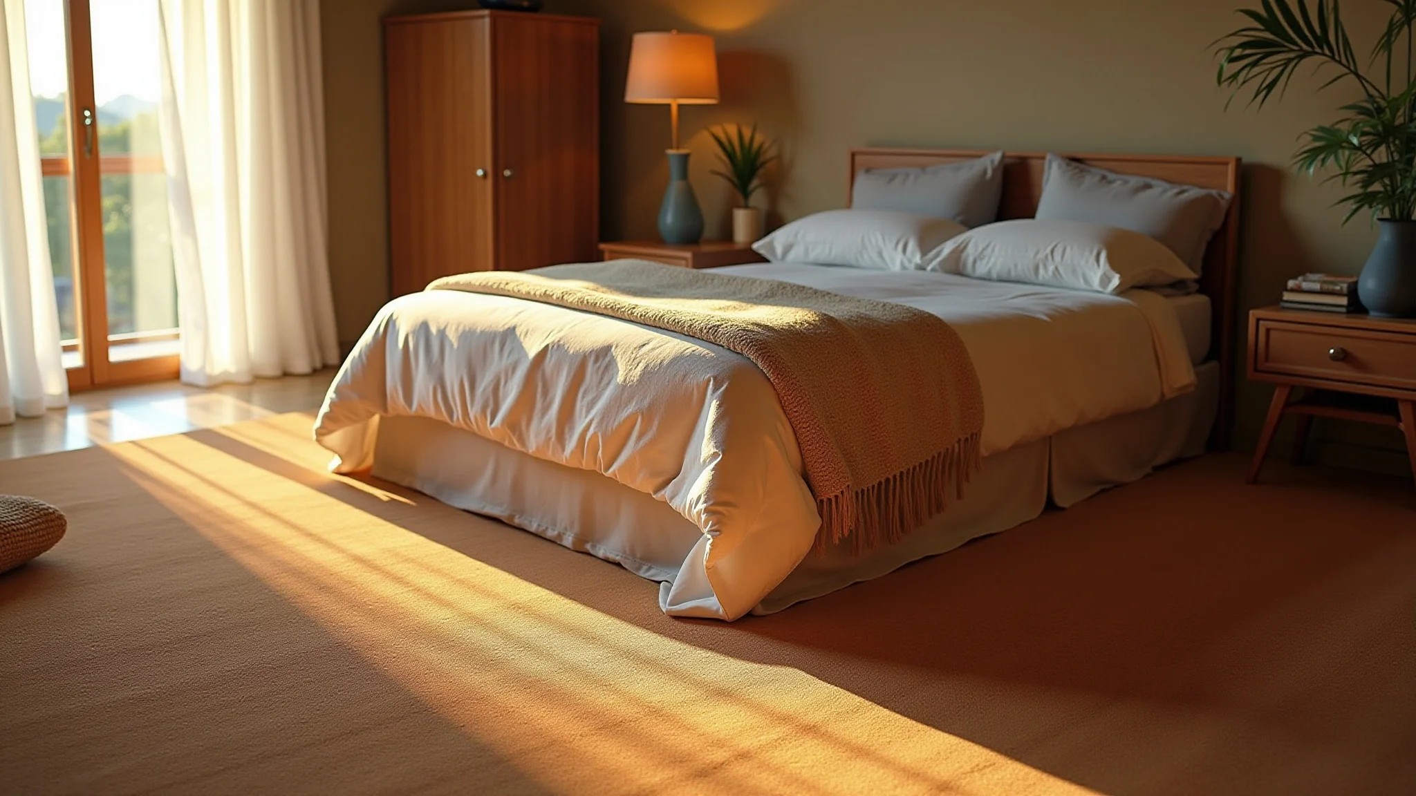 Quarto aconchegante com piso de cortiça, iluminação suave e têxteis brasileiros.