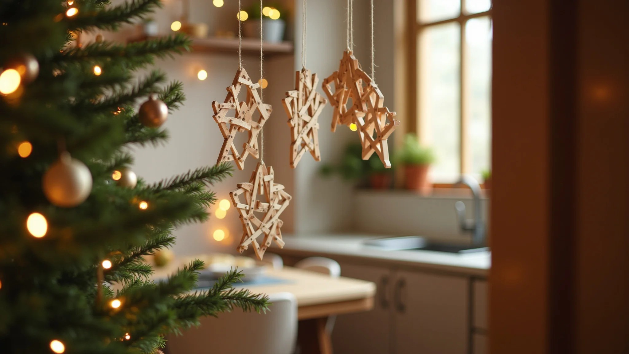 Decoração natalina com enfeites artesanais de palitos de churrasco em casa brasileira.