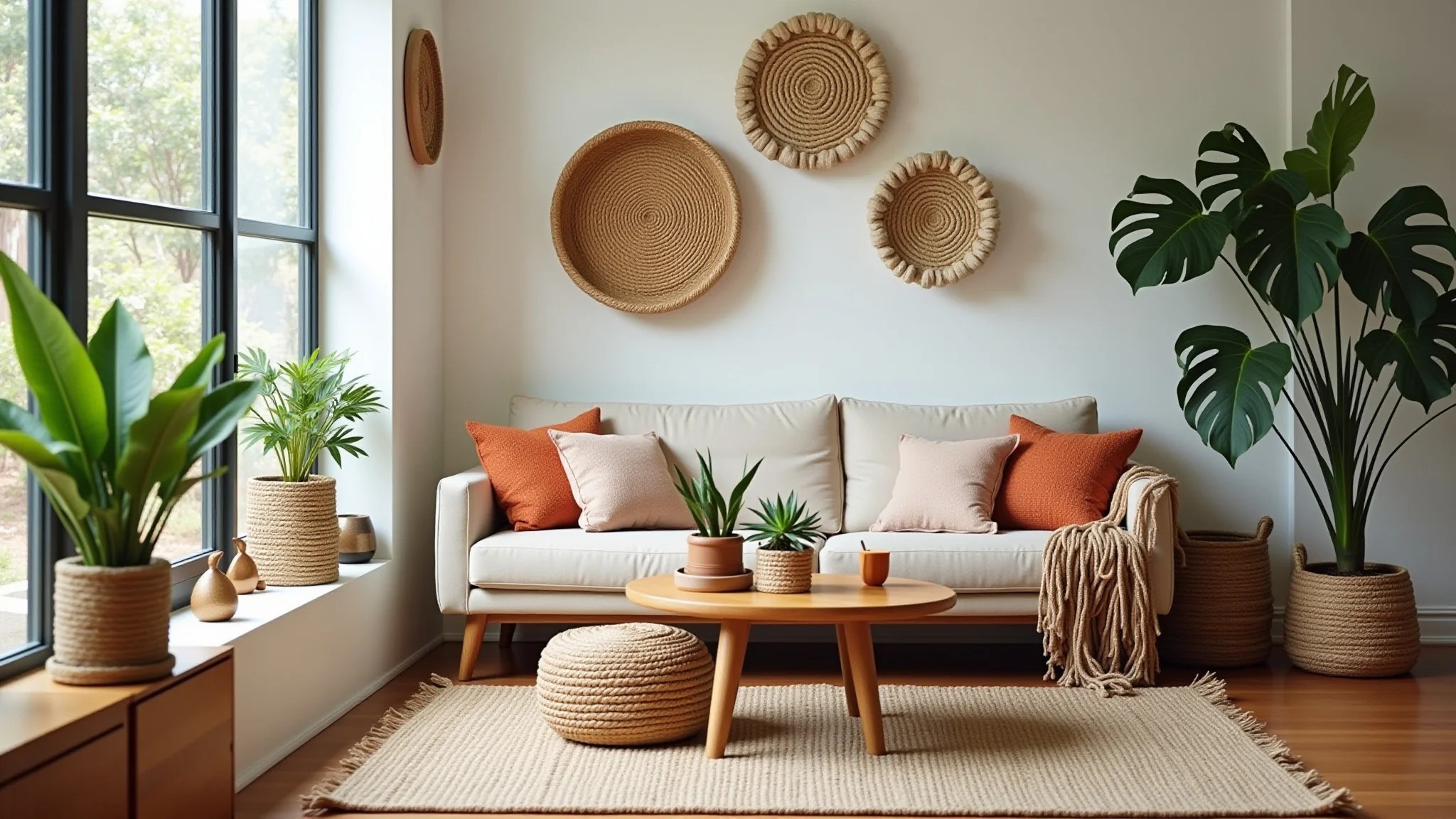 Sala aconchegante com cestas de barbante artesanais, plantas e design brasileiro.