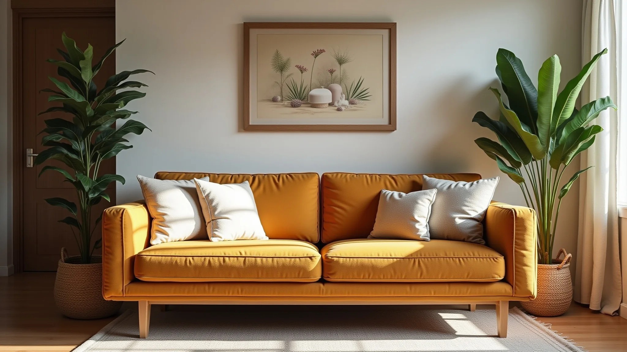 Sala de estar aconchegante com sofá de camurça bem conservado, estilo Farm Rio.
