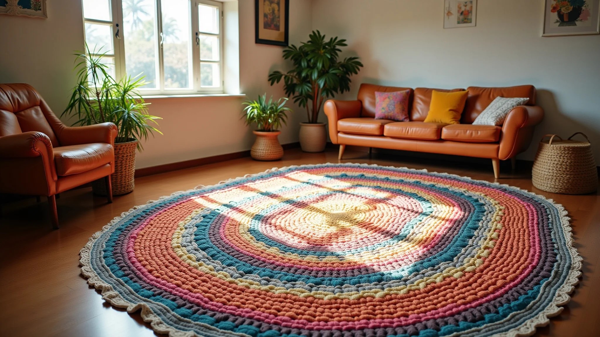 Sala de estar aconchegante com tapete de crochê colorido e decoração brasileira.