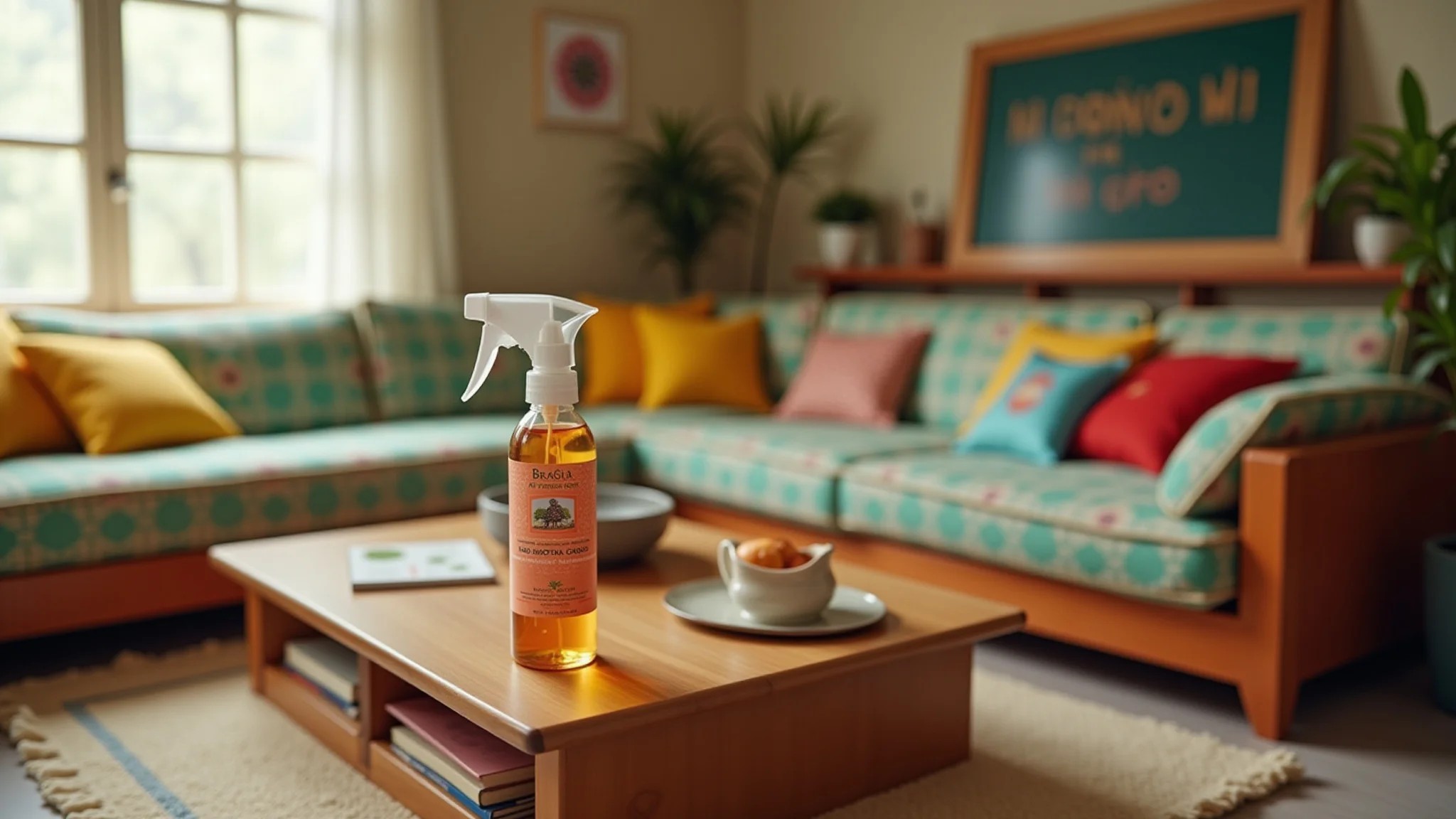 Sala de estar aconchegante com decoração brasileira e aromatizador caseiro na prateleira.
