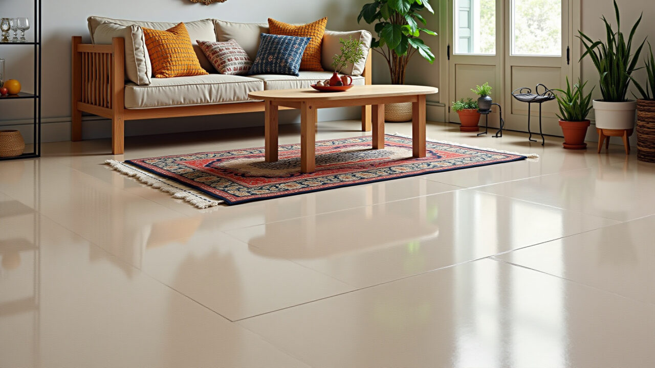 Sala de estar aconchegante com tapete colorido e porcelanato esmaltado.