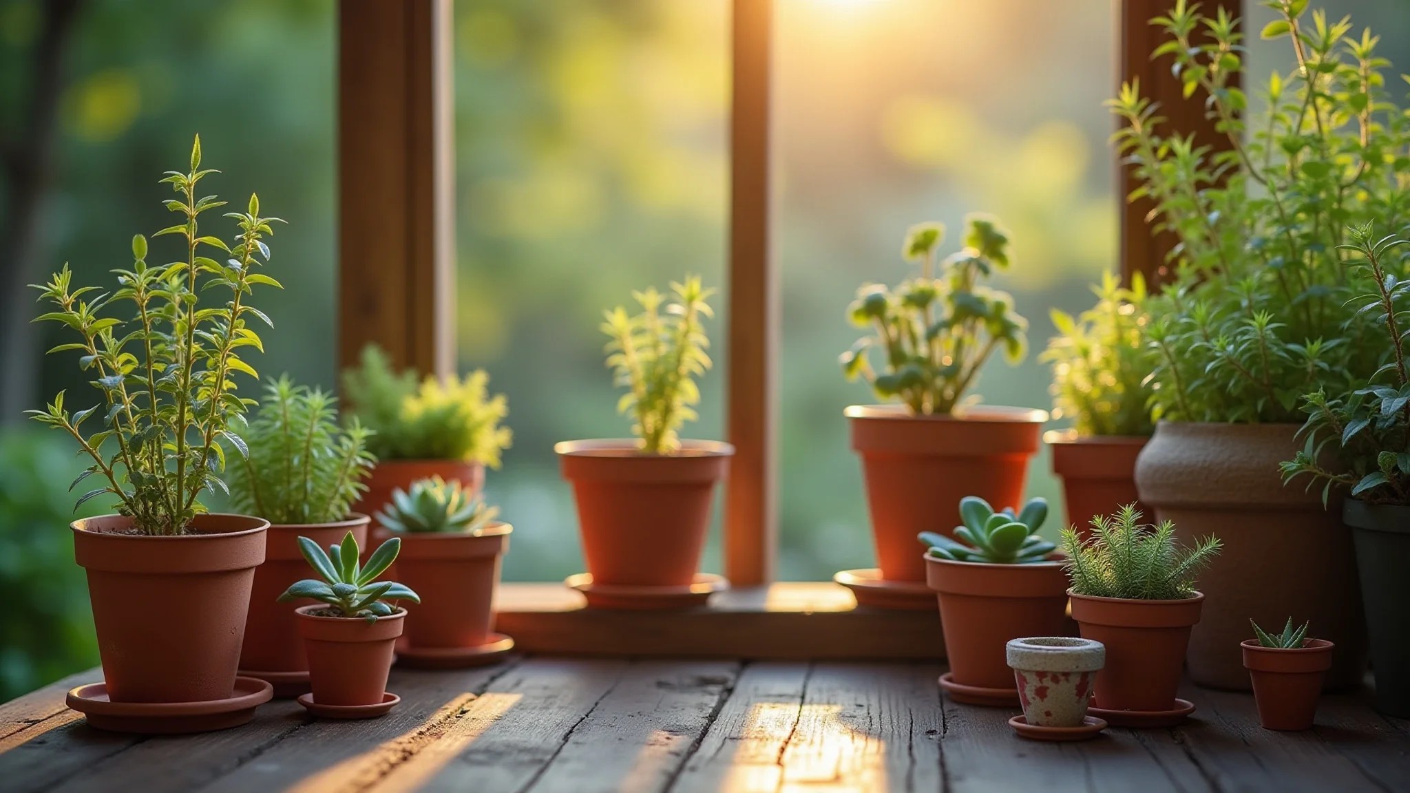 Aconchegante jardim pequeno com vasos de tamanhos variados, suculentas e ervas.