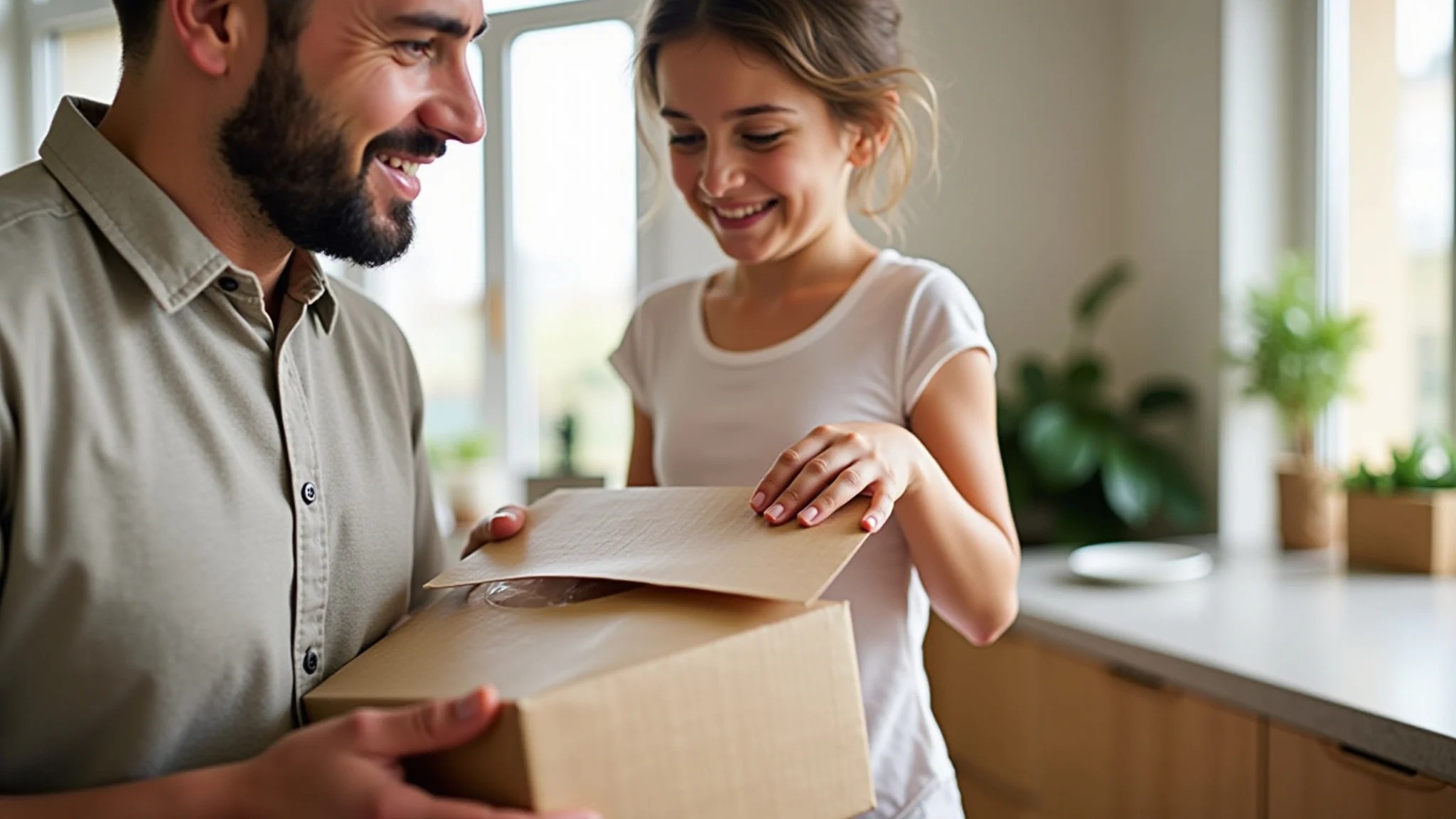 Cliente abrindo pacote com um sorriso, revelando item artesanal.