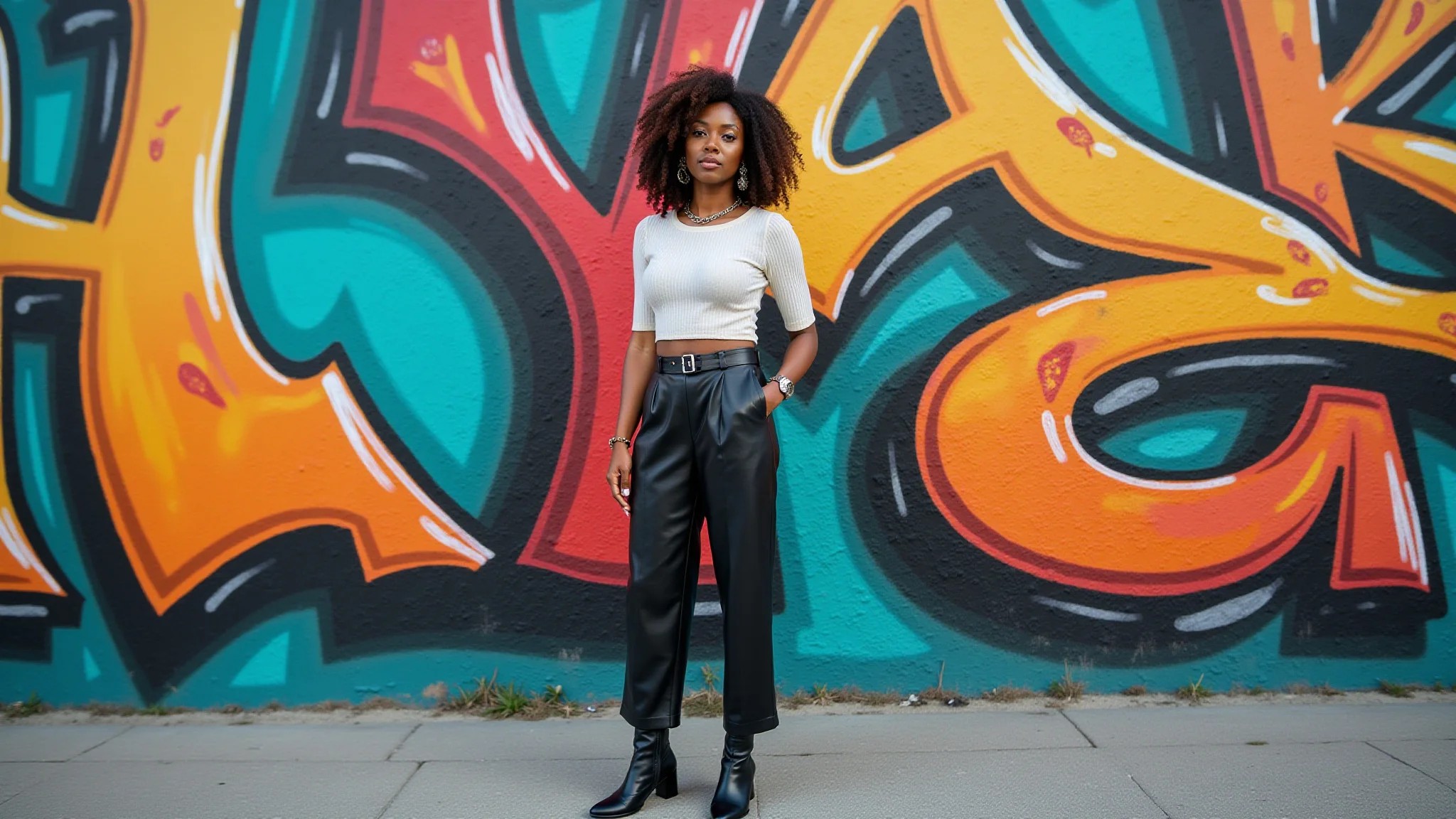 Mulher negra com calça pantacourt de couro e bota em frente a grafite no Rio.