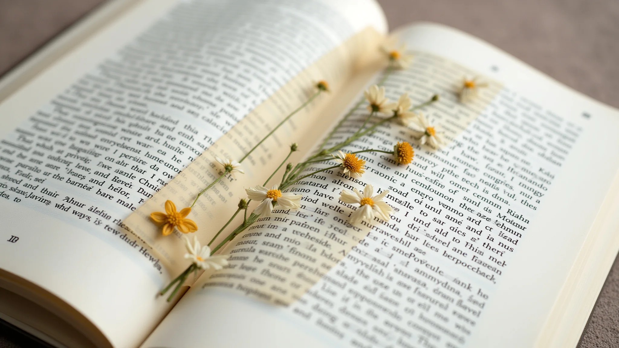 Marca página delicado com flores secas prensadas em um romance.