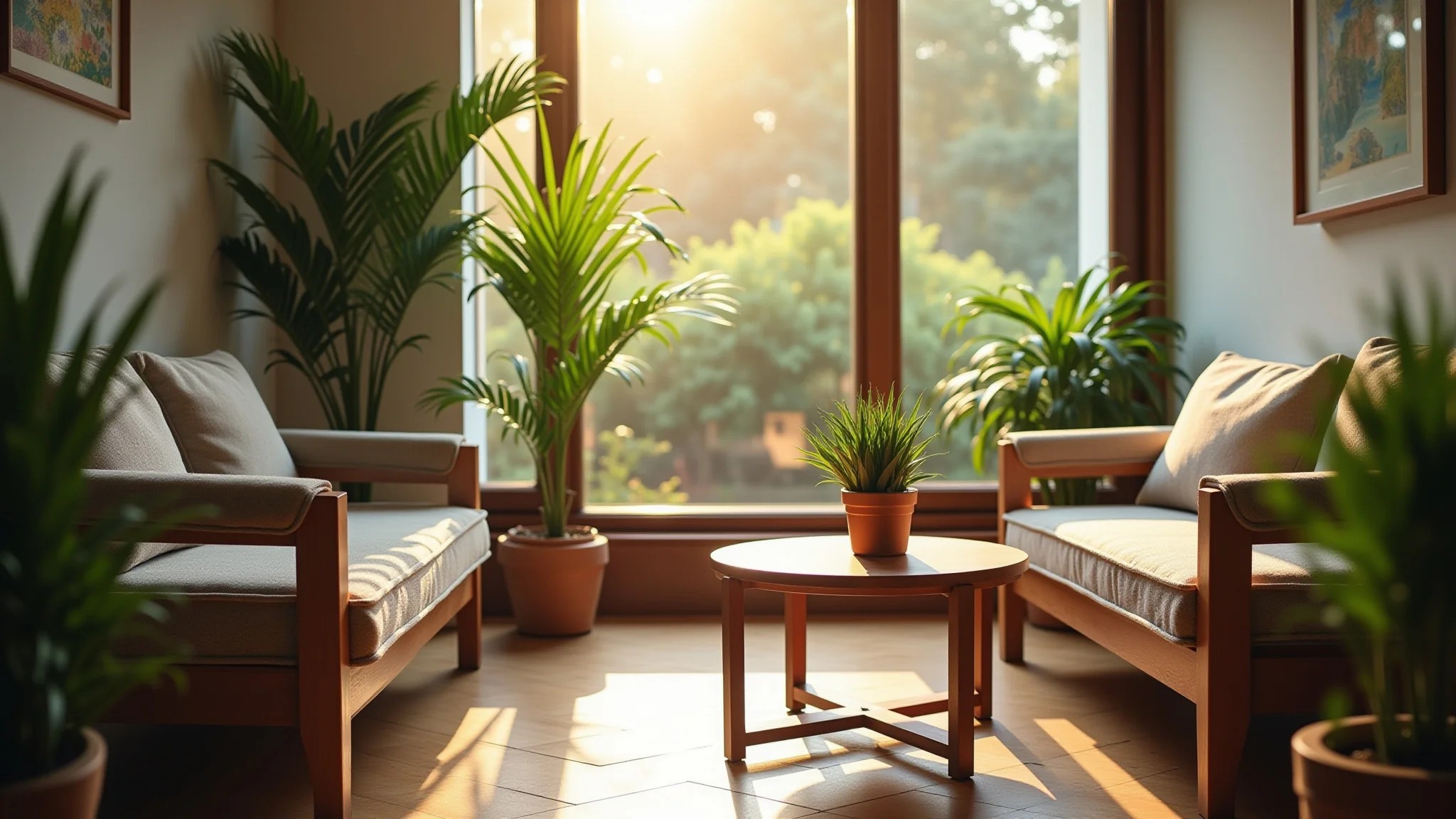 Sala de espera de consultório odontológico com plantas e iluminação aconchegante.