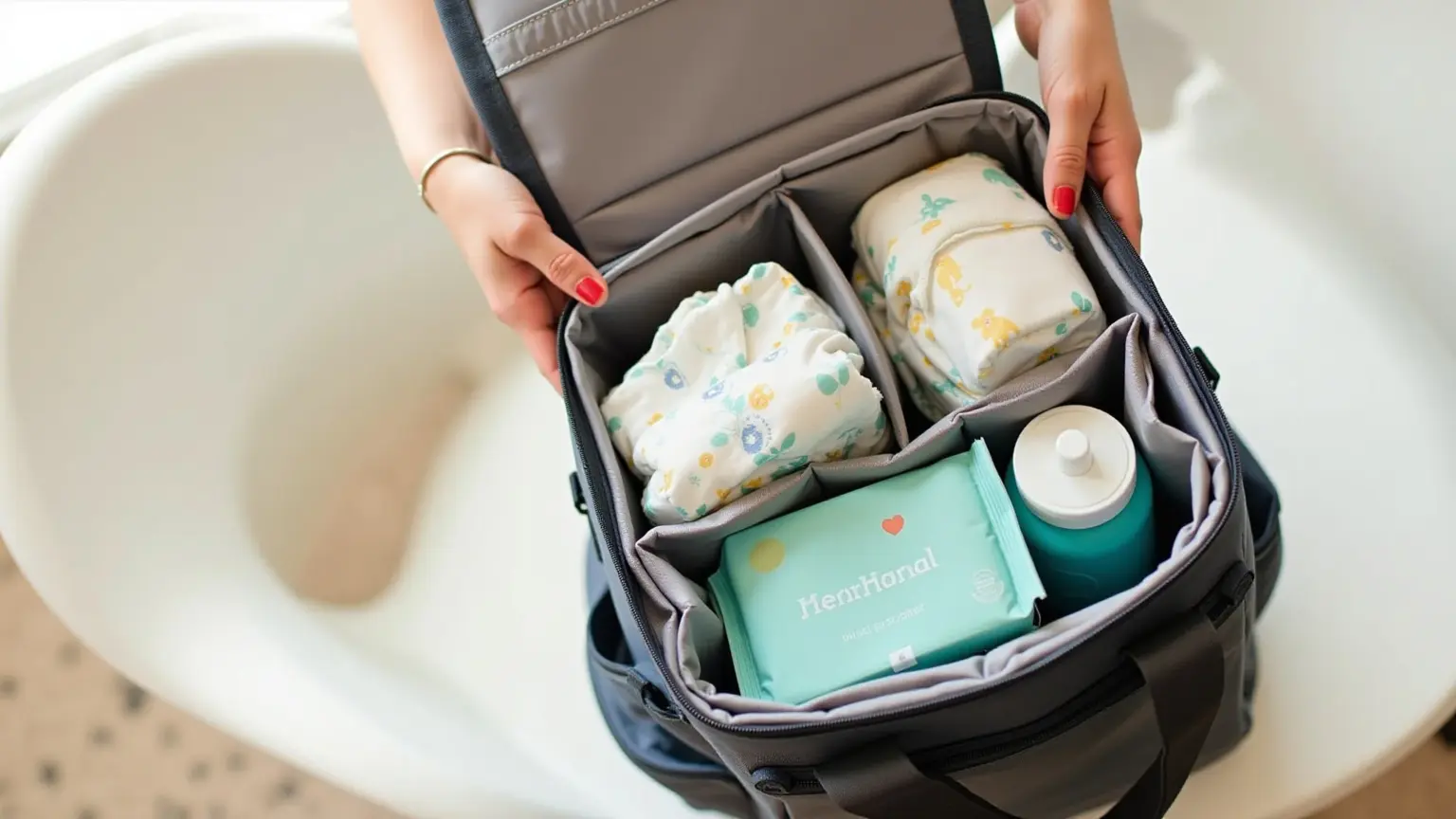 Bolsa de bebê aberta mostrando fraldas, lenços umedecidos e mamadeira.