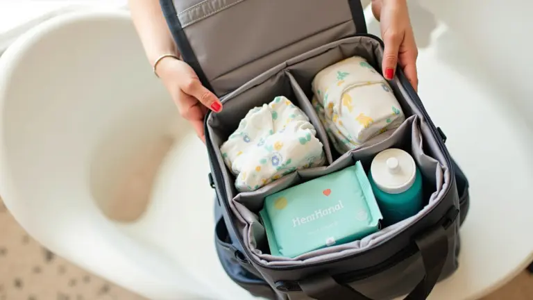 Bolsa de bebê aberta mostrando fraldas, lenços umedecidos e mamadeira.