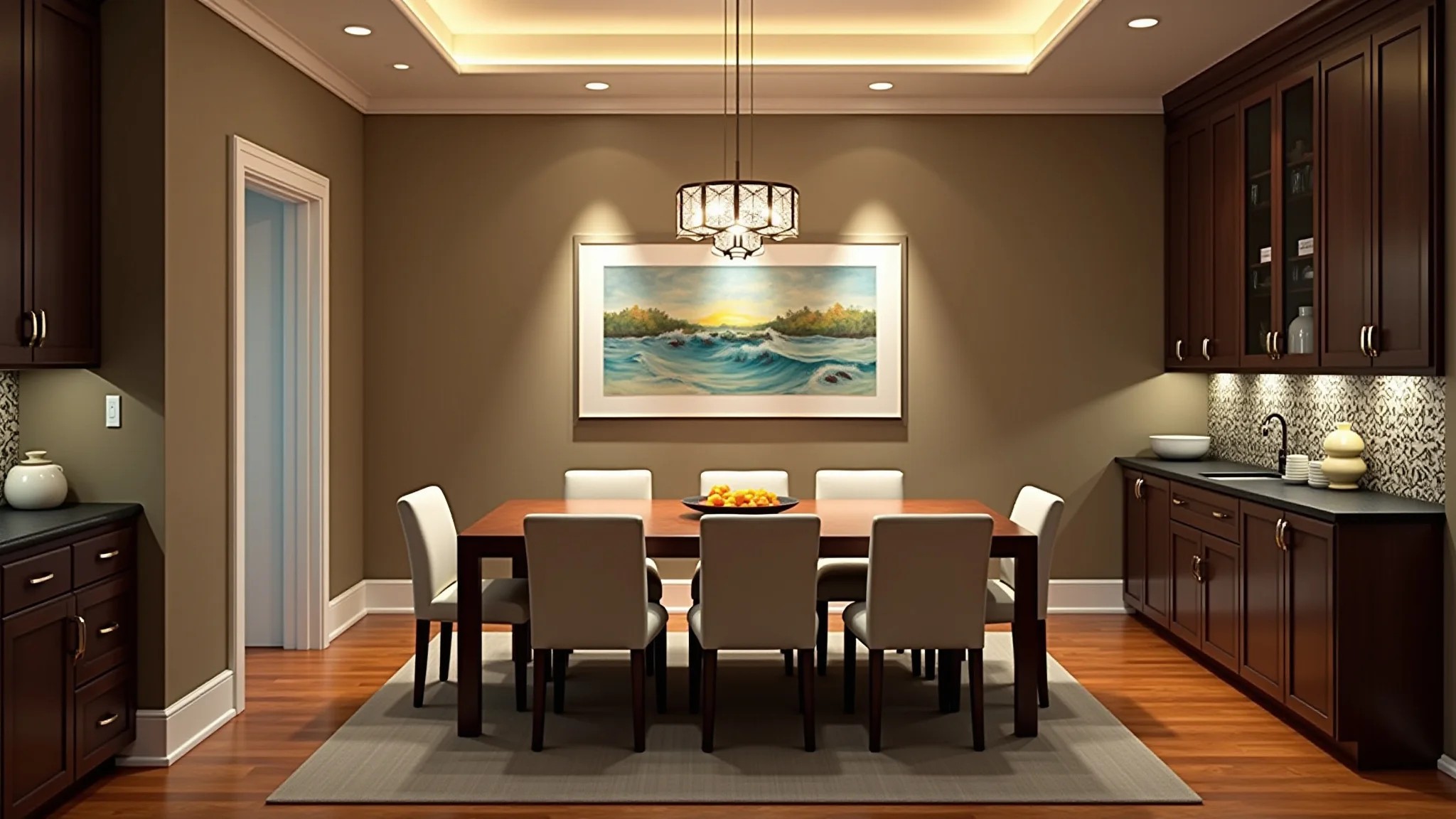 Sala de jantar com iluminação geral, spots direcionais em obras de arte e luzes decorativas.