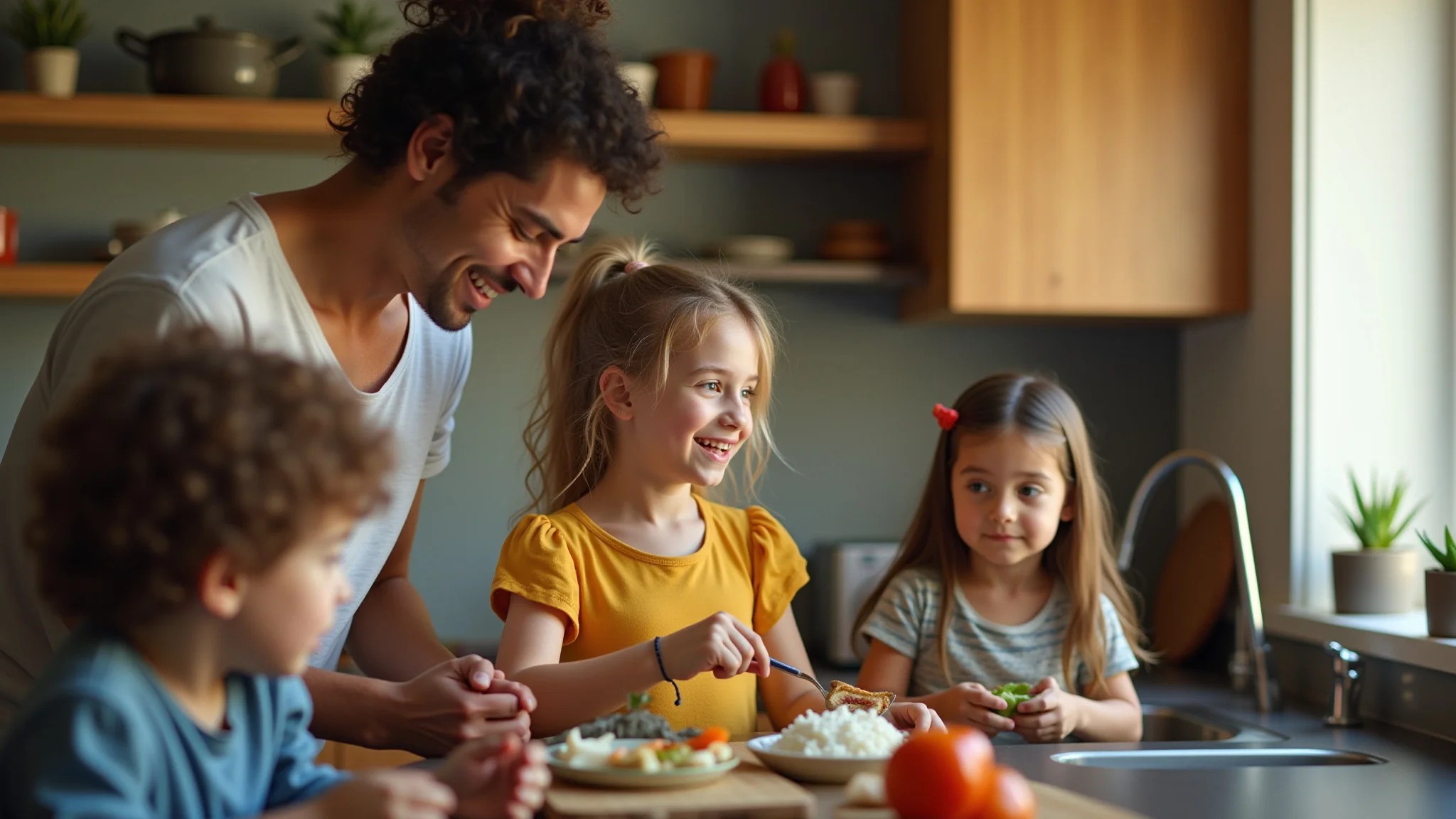 Família brasileira em cozinha com tomadas bem distribuídas.