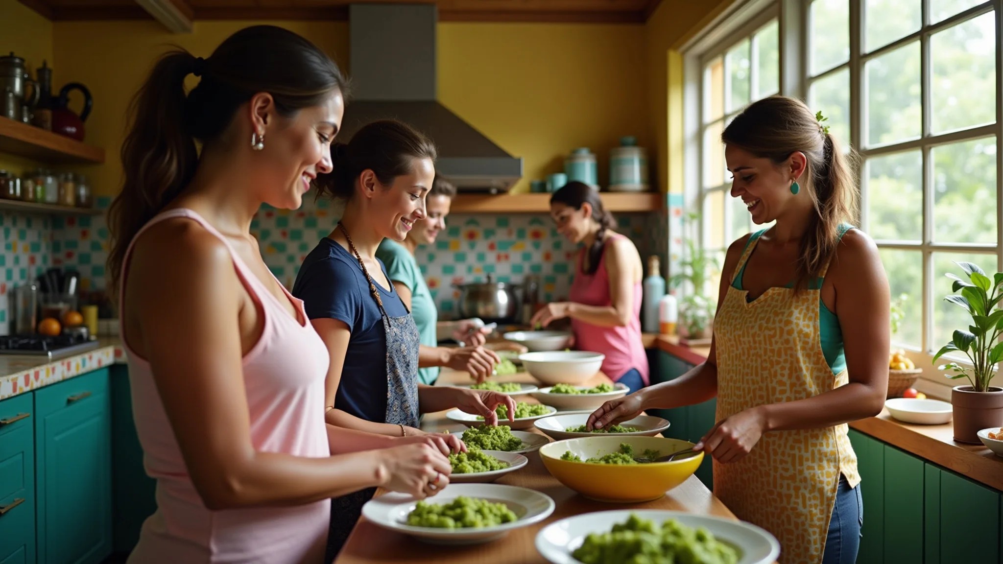 Mulheres brasileiras diversas preparando guacamole em cozinha estilo Farm Rio.