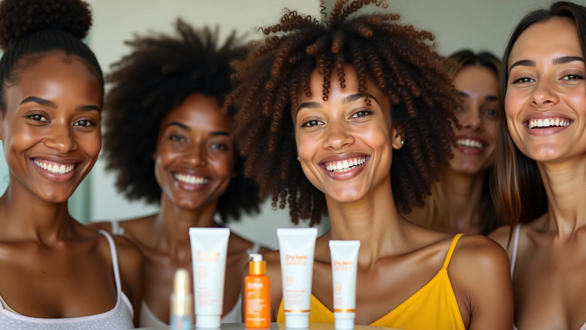 Grupo diverso de mulheres brasileiras sorrindo, mostrando pele radiante com produtos de Vitamina C.