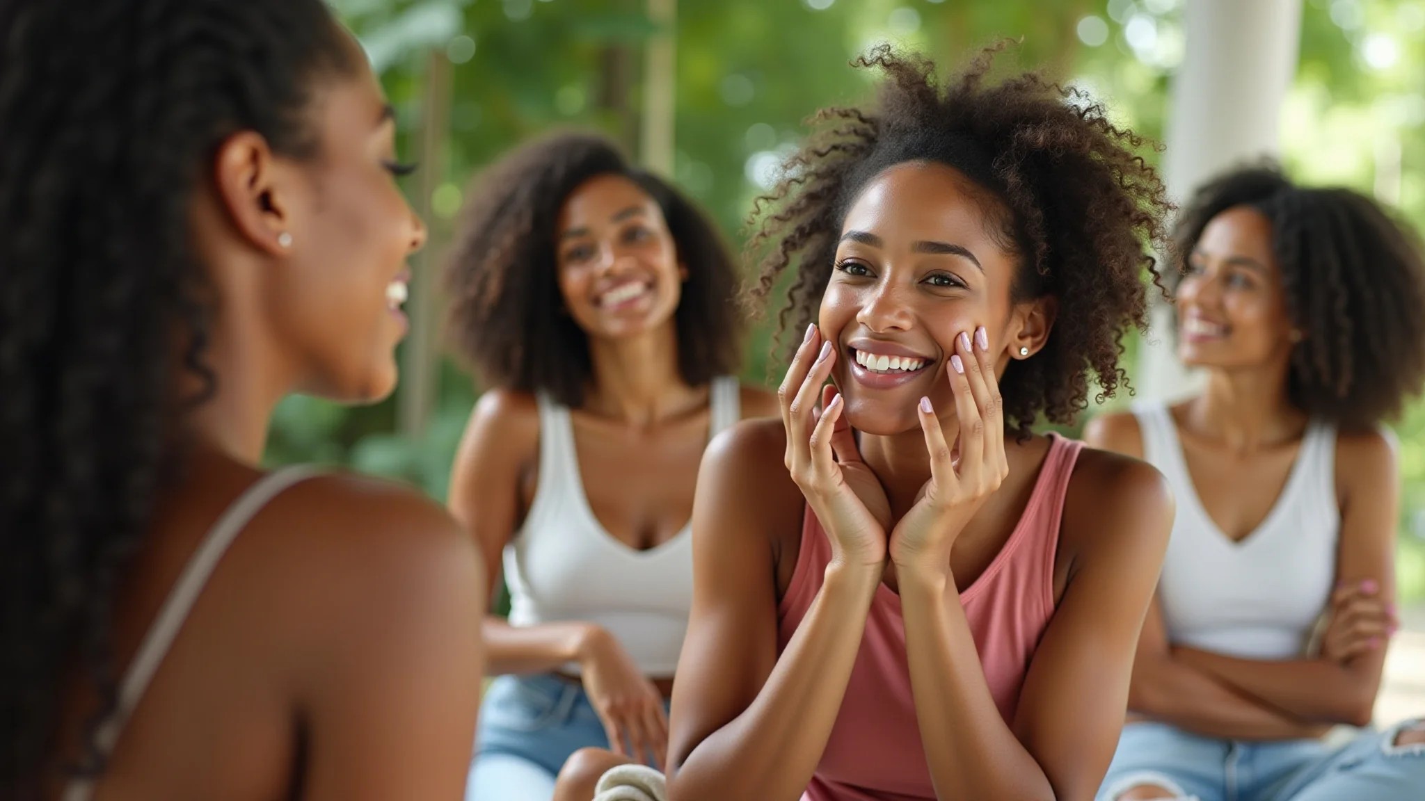 Grupo de mulheres brasileiras diversas discutindo sabonetes faciais.