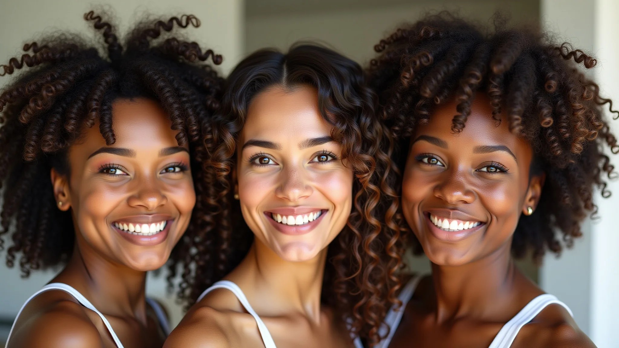 Mulheres brasileiras com diferentes tipos de cachos definidos com ativador.