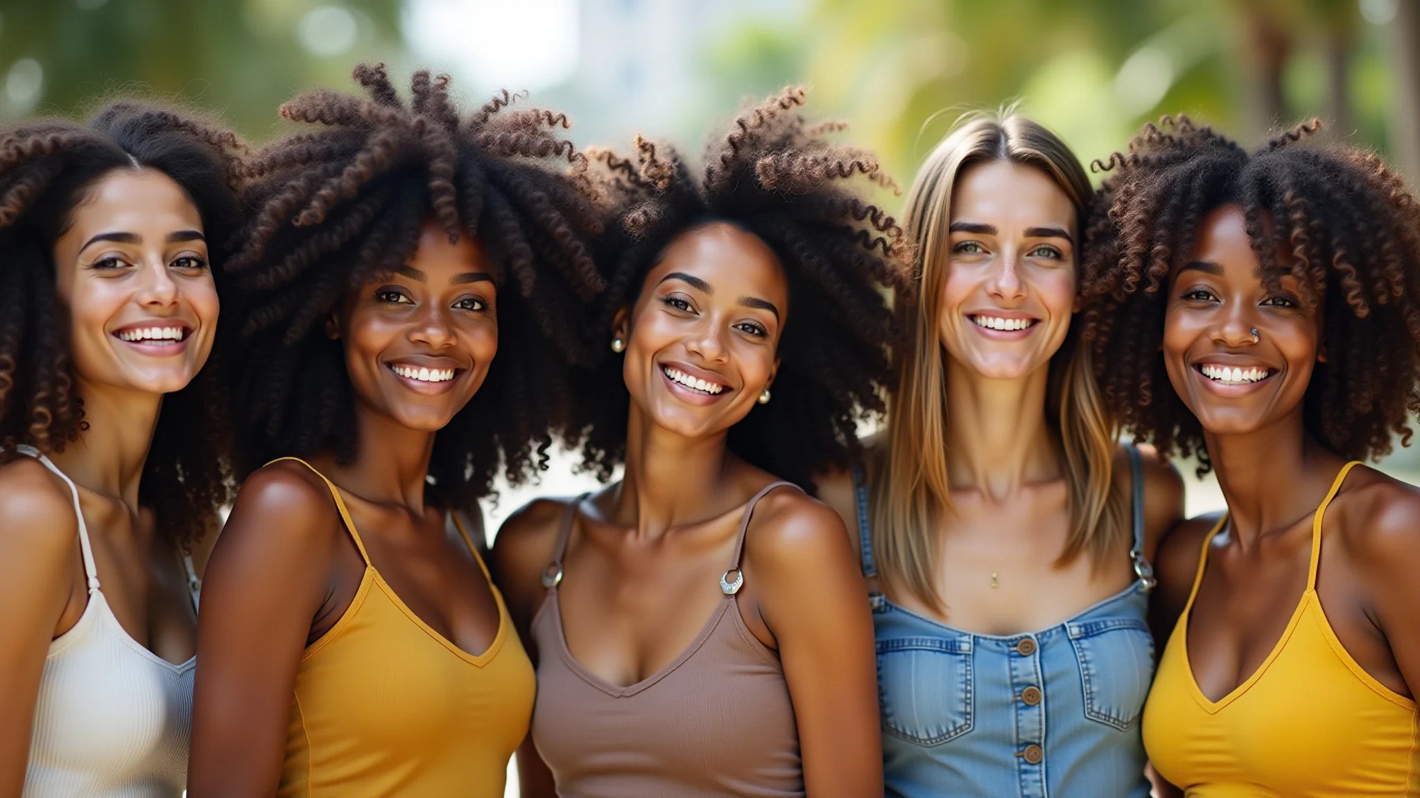 Mulheres brasileiras com diferentes tipos de cabelo exibindo fios saudáveis.