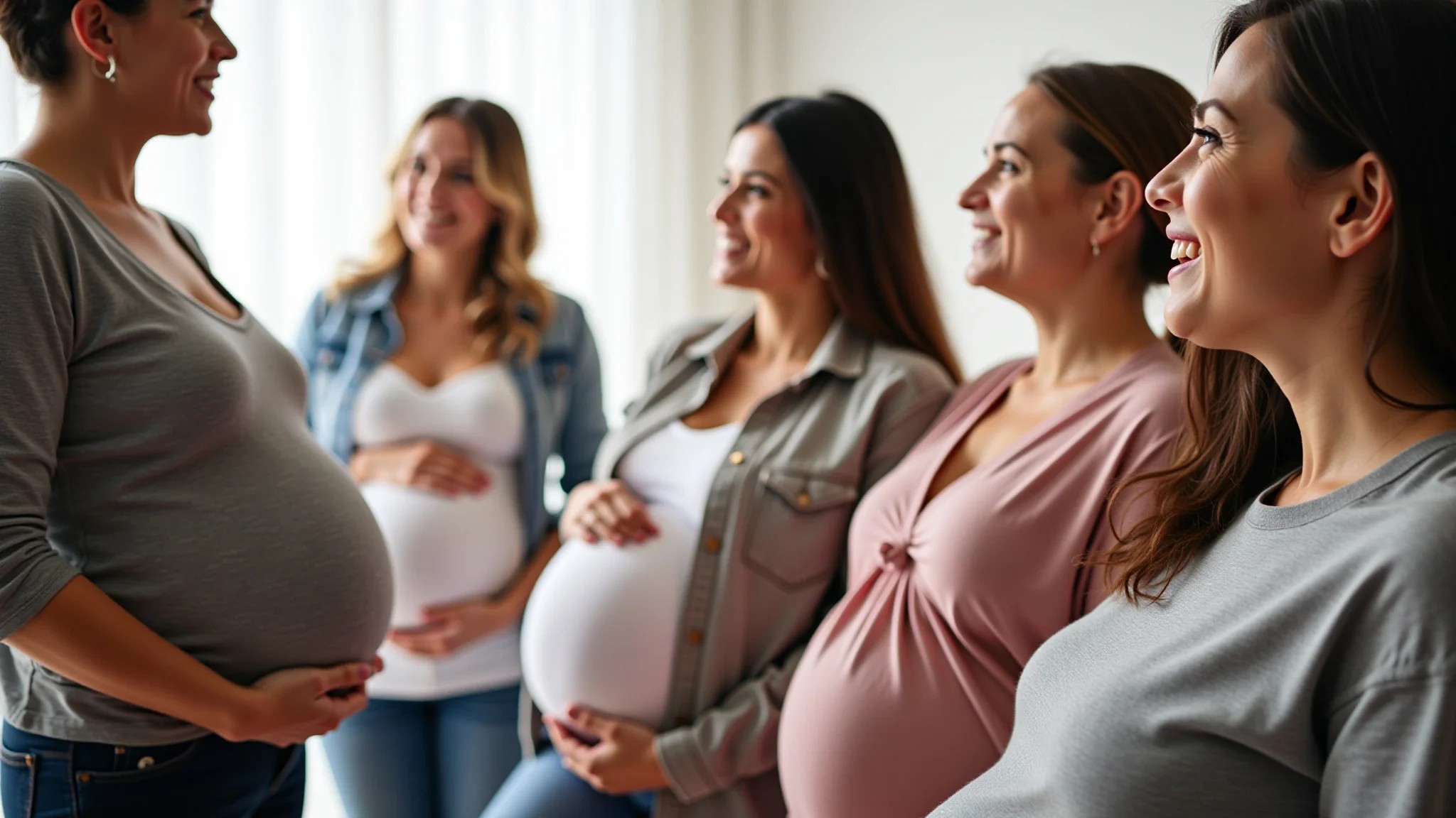 Gestantes diversas em aula pré-natal aprendendo sobre marcos da gravidez.