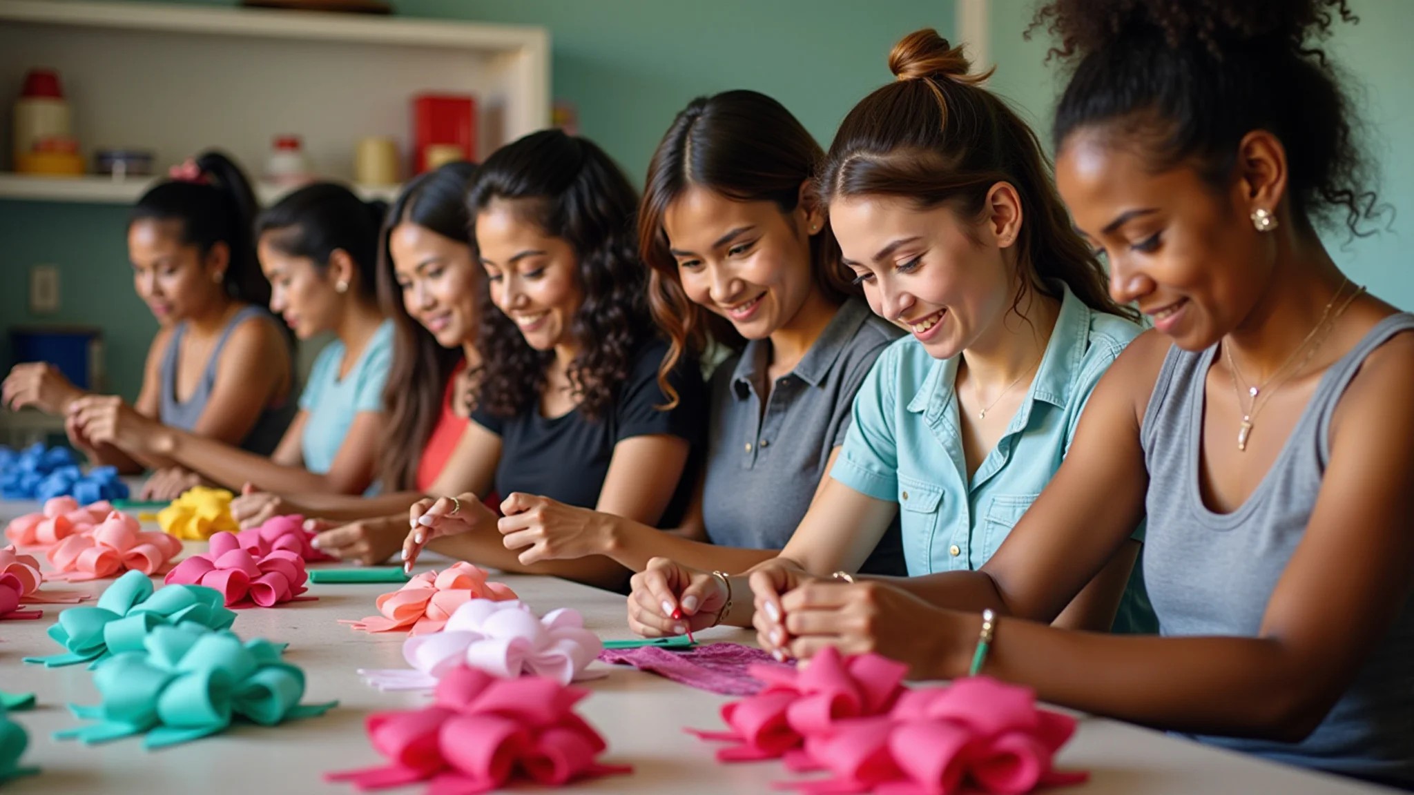 Mulheres diversas criando laços de fita em oficina vibrante.
