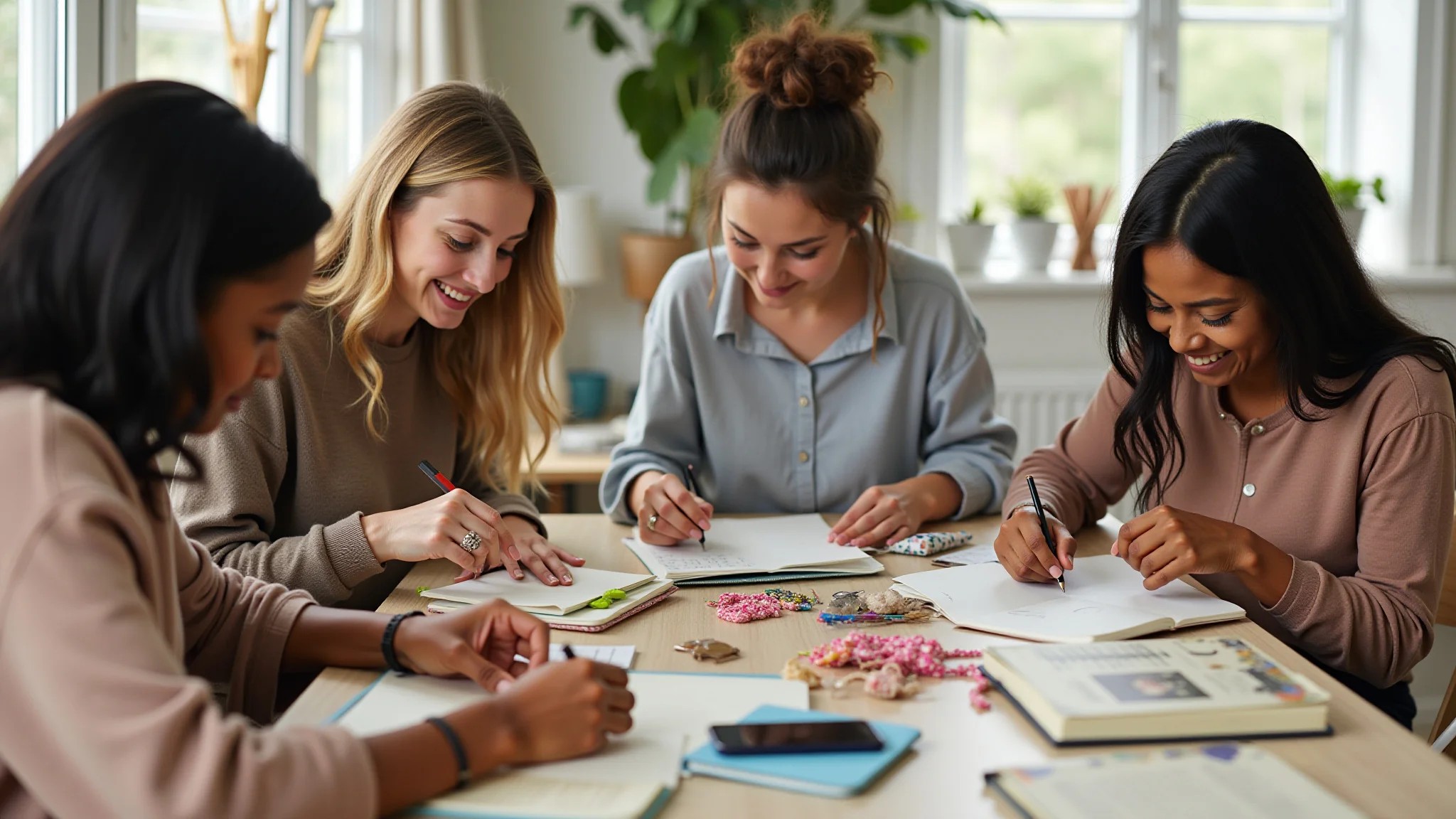 Grupo de mulheres personalizando cadernos em oficina de artesanato.